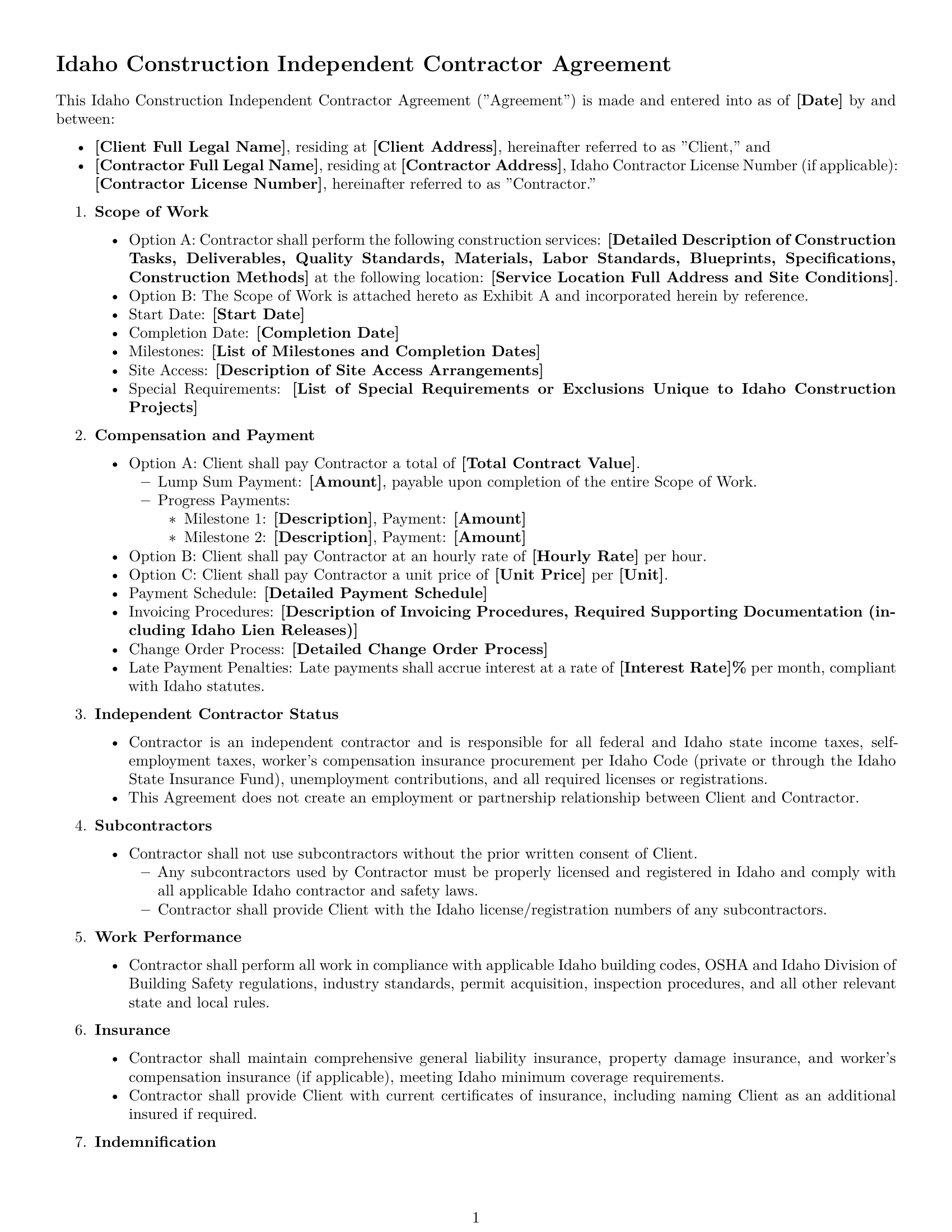 Preview page 1 of Free Idaho construction independent contractor agreement template
