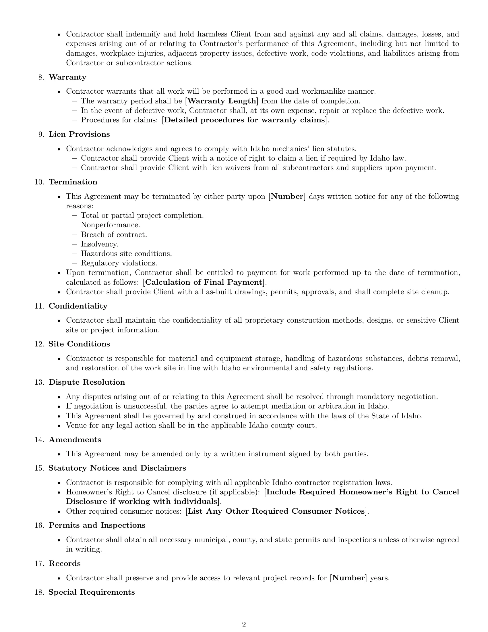 Preview page 2 of Free Idaho construction independent contractor agreement template