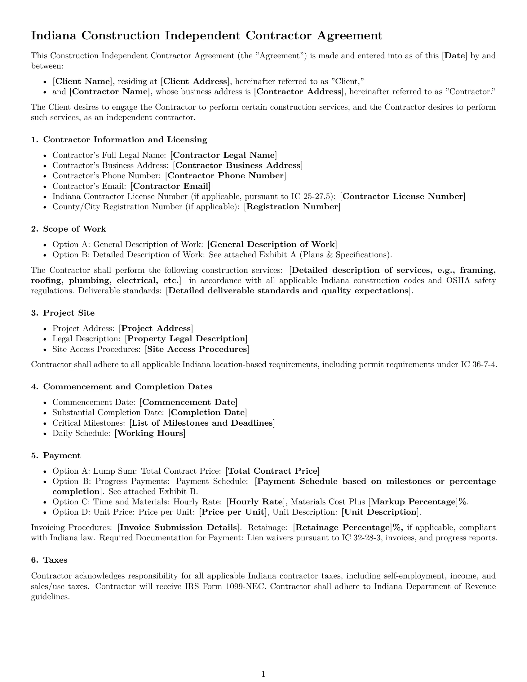 Preview page 1 of Free Indiana construction independent contractor agreement template