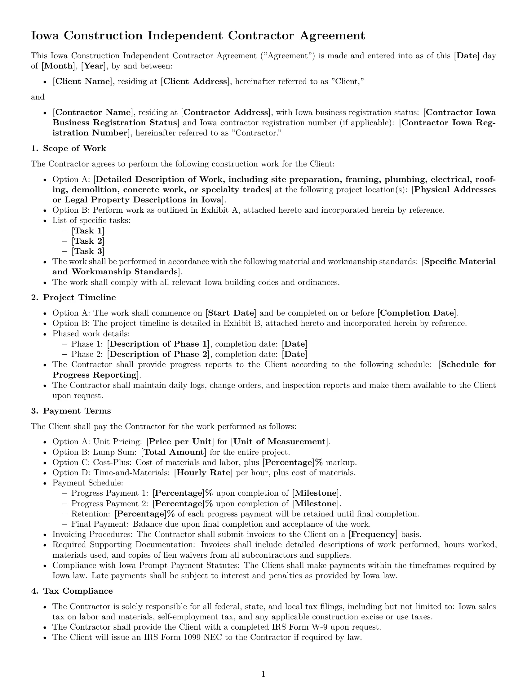 Preview page 1 of Free Iowa construction independent contractor agreement template