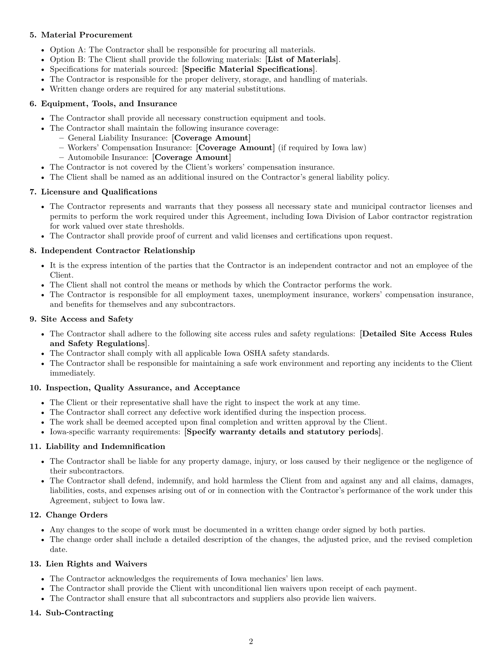 Preview page 2 of Free Iowa construction independent contractor agreement template