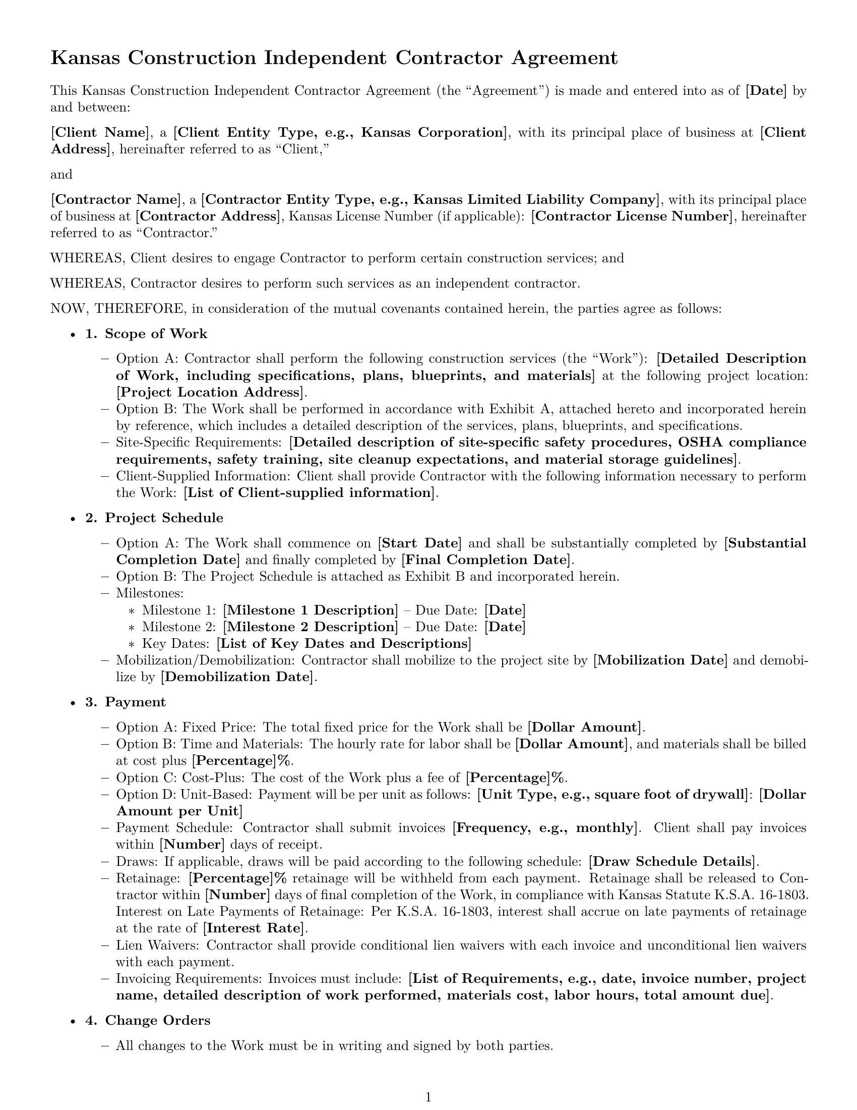 Preview page 1 of Free Kansas construction independent contractor agreement template
