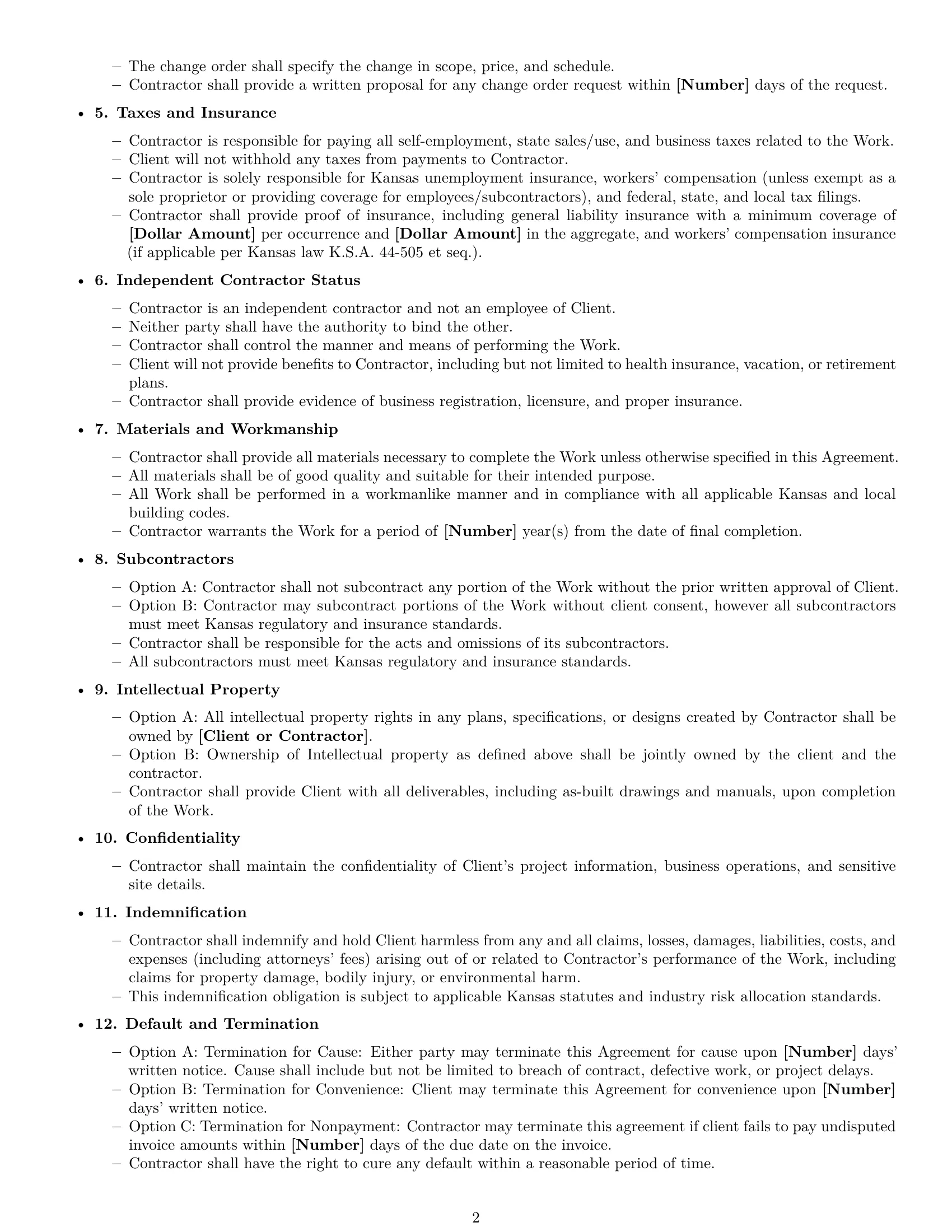Preview page 2 of Free Kansas construction independent contractor agreement template
