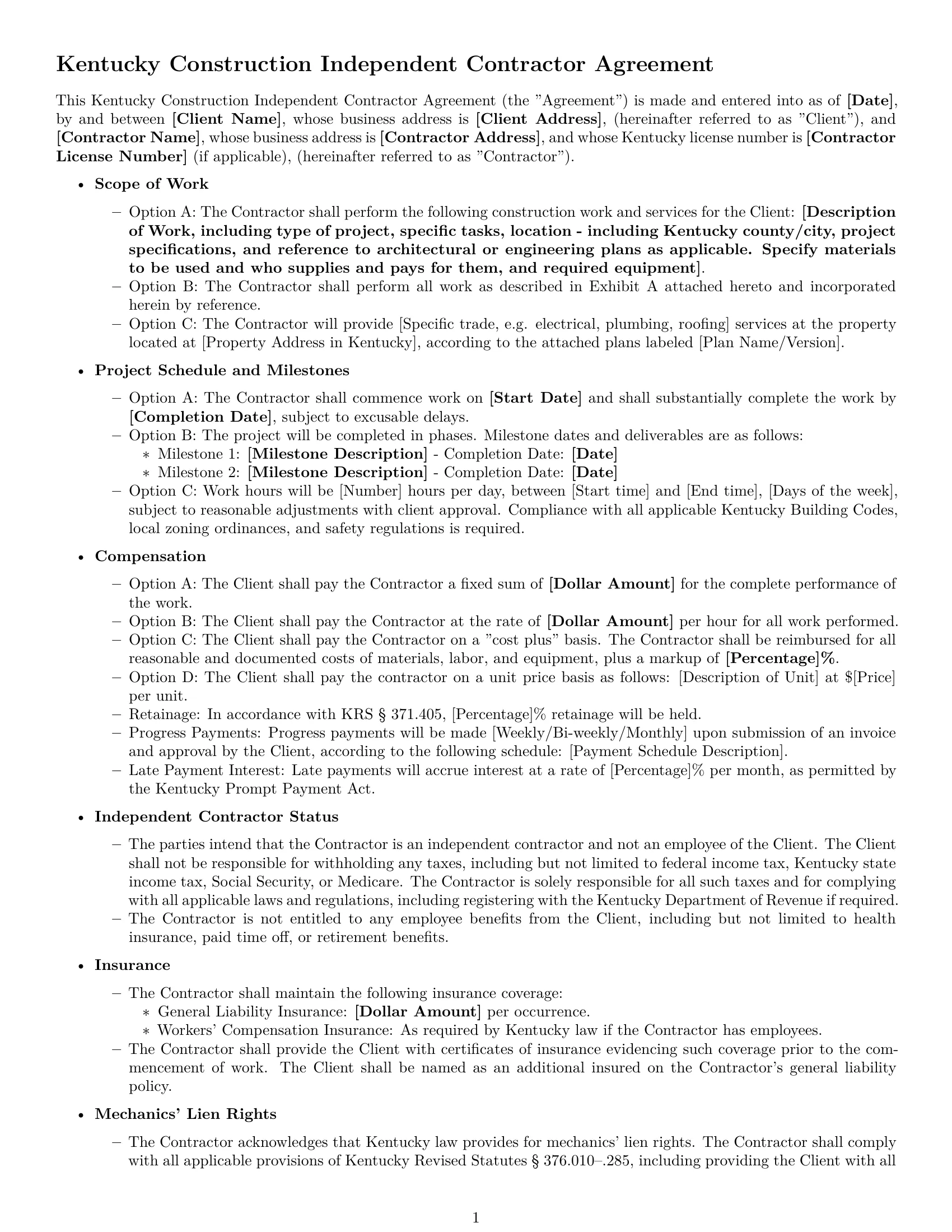 Preview page 1 of Free Kentucky construction independent contractor agreement template