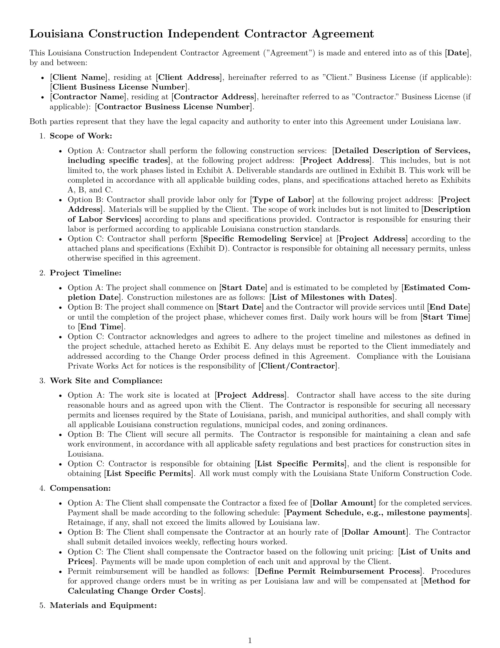 Preview page 1 of Free Louisiana construction independent contractor agreement template