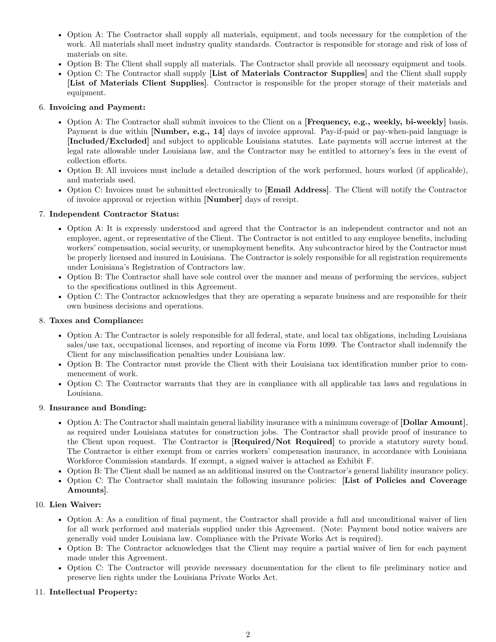 Preview page 2 of Free Louisiana construction independent contractor agreement template