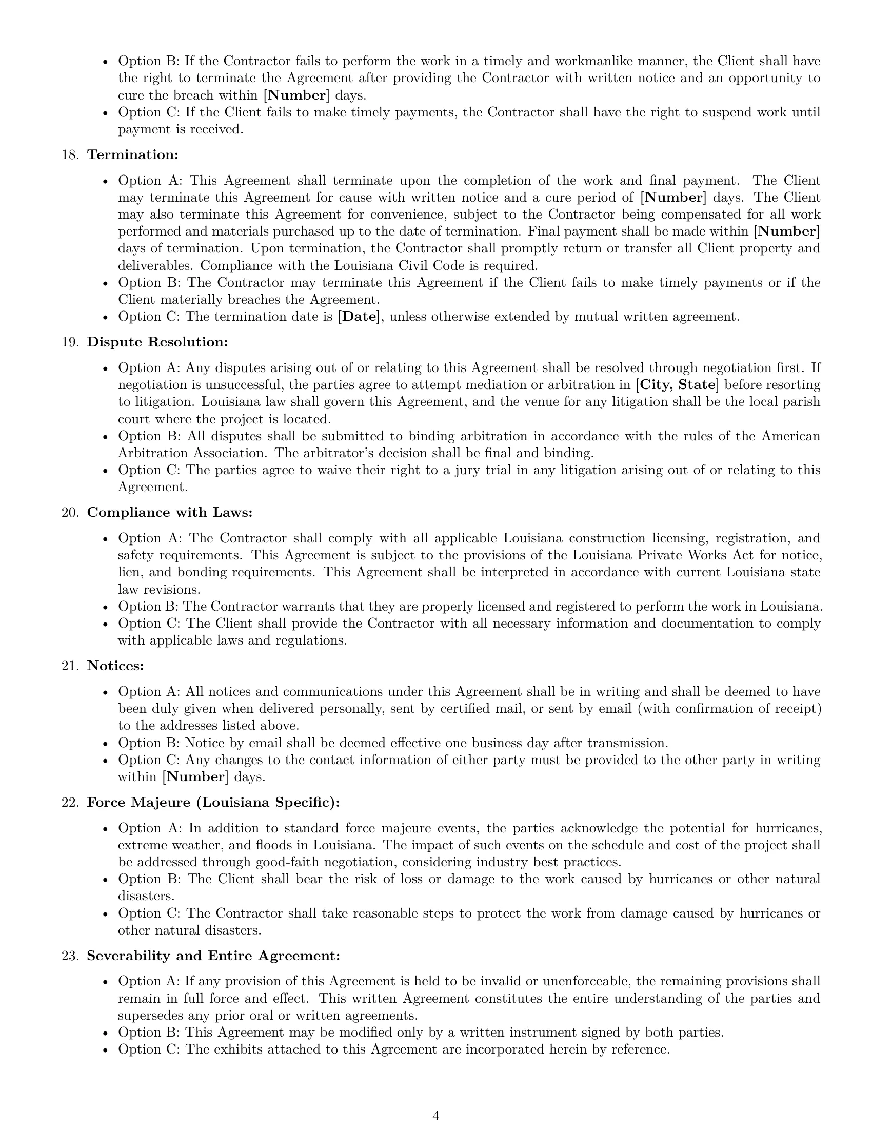 Preview page 4 of Free Louisiana construction independent contractor agreement template