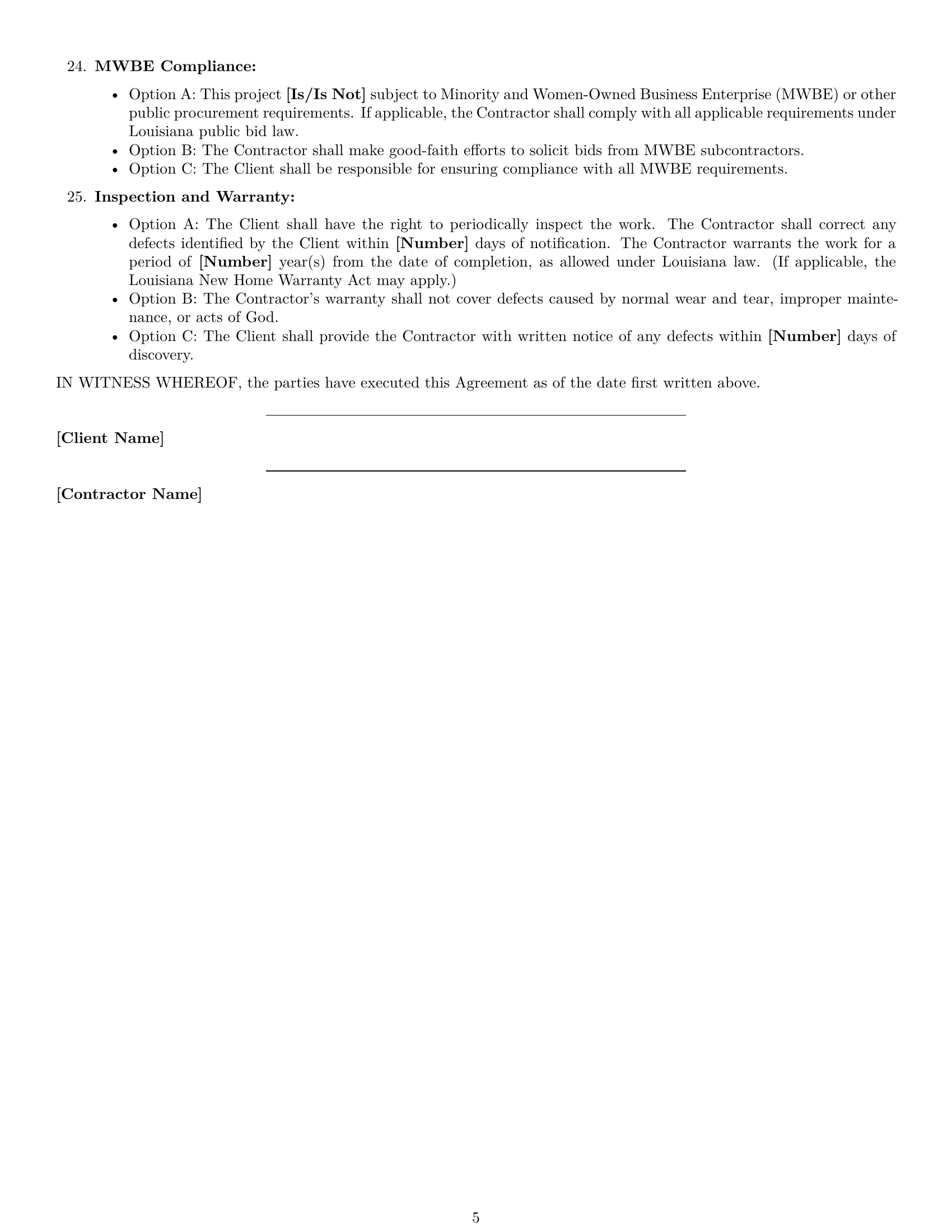 Preview page 5 of Free Louisiana construction independent contractor agreement template