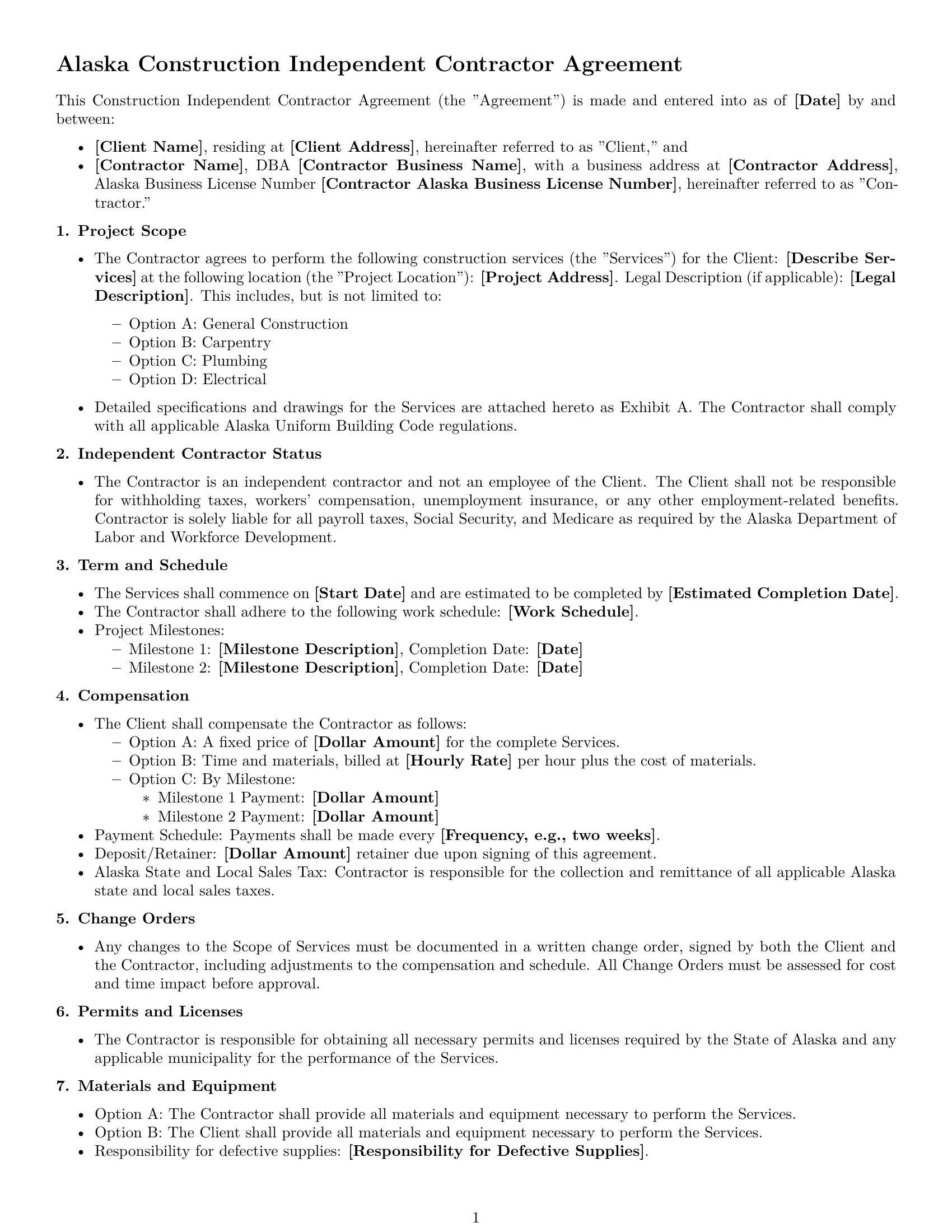 Preview page 1 of Free Alaska construction independent contractor agreement template