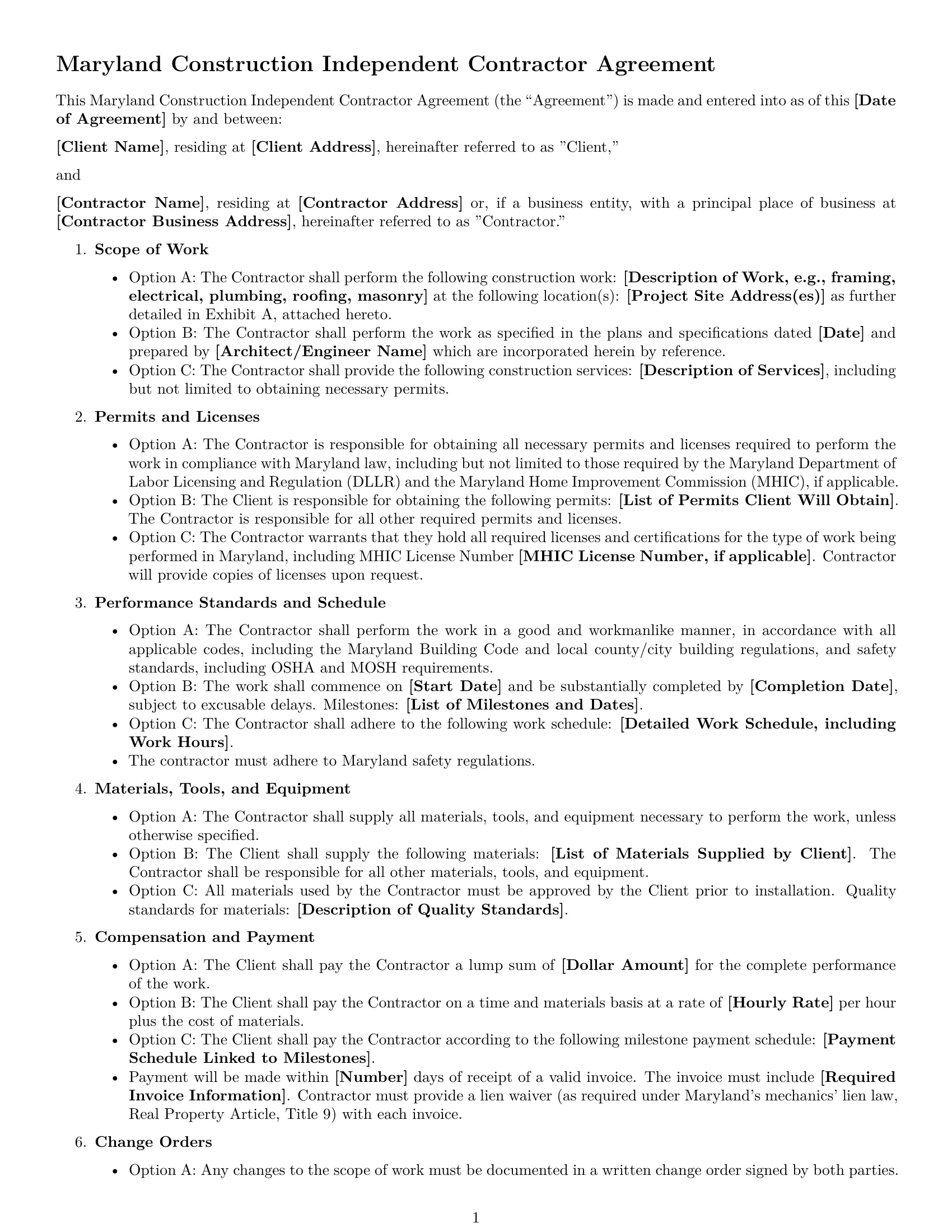 Preview page 1 of Free Maryland construction independent contractor agreement template