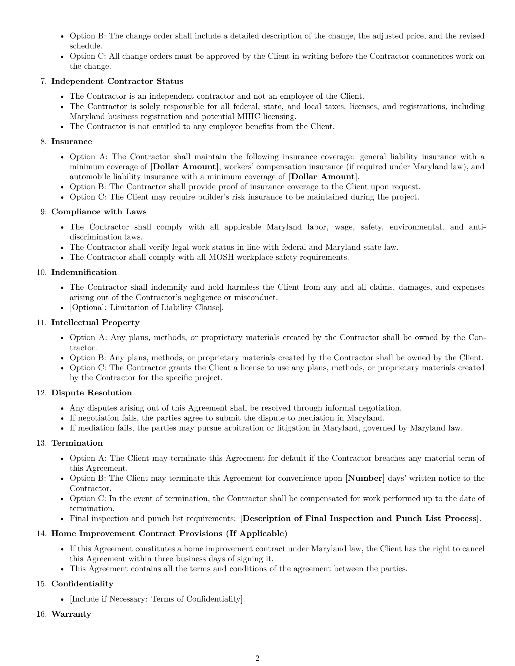 Preview page 2 of Free Maryland construction independent contractor agreement template