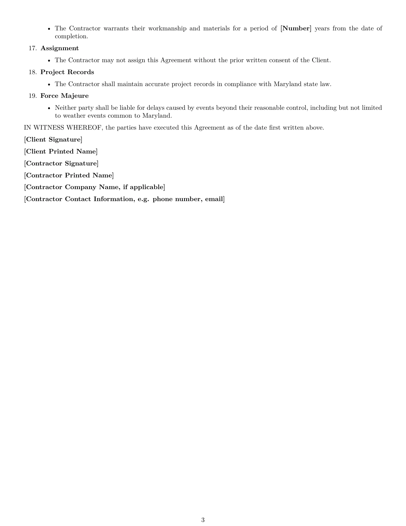 Preview page 3 of Free Maryland construction independent contractor agreement template
