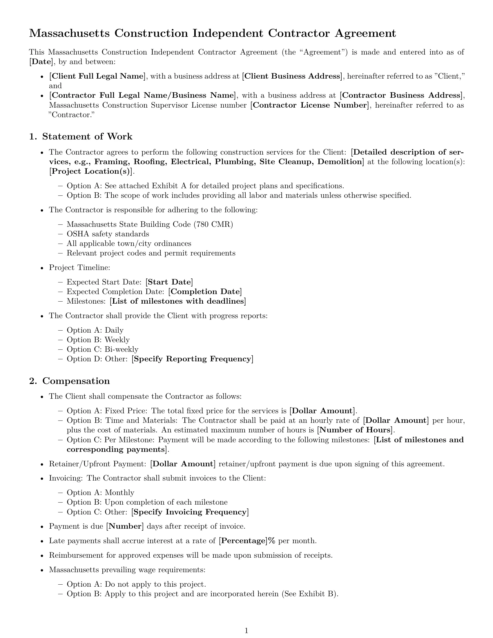 Preview page 1 of Free Massachusetts construction independent contractor agreement template
