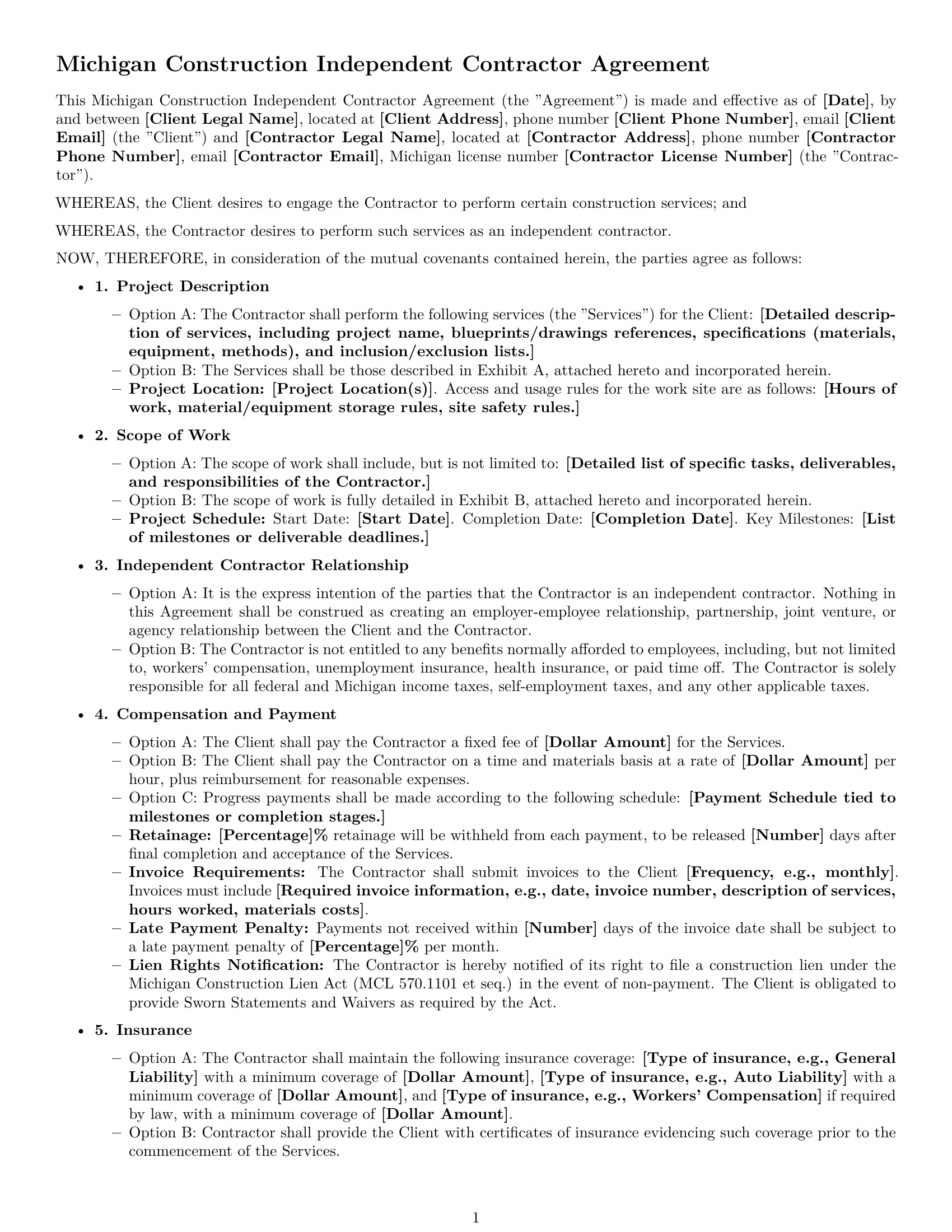 Preview page 1 of Free Michigan construction independent contractor agreement template
