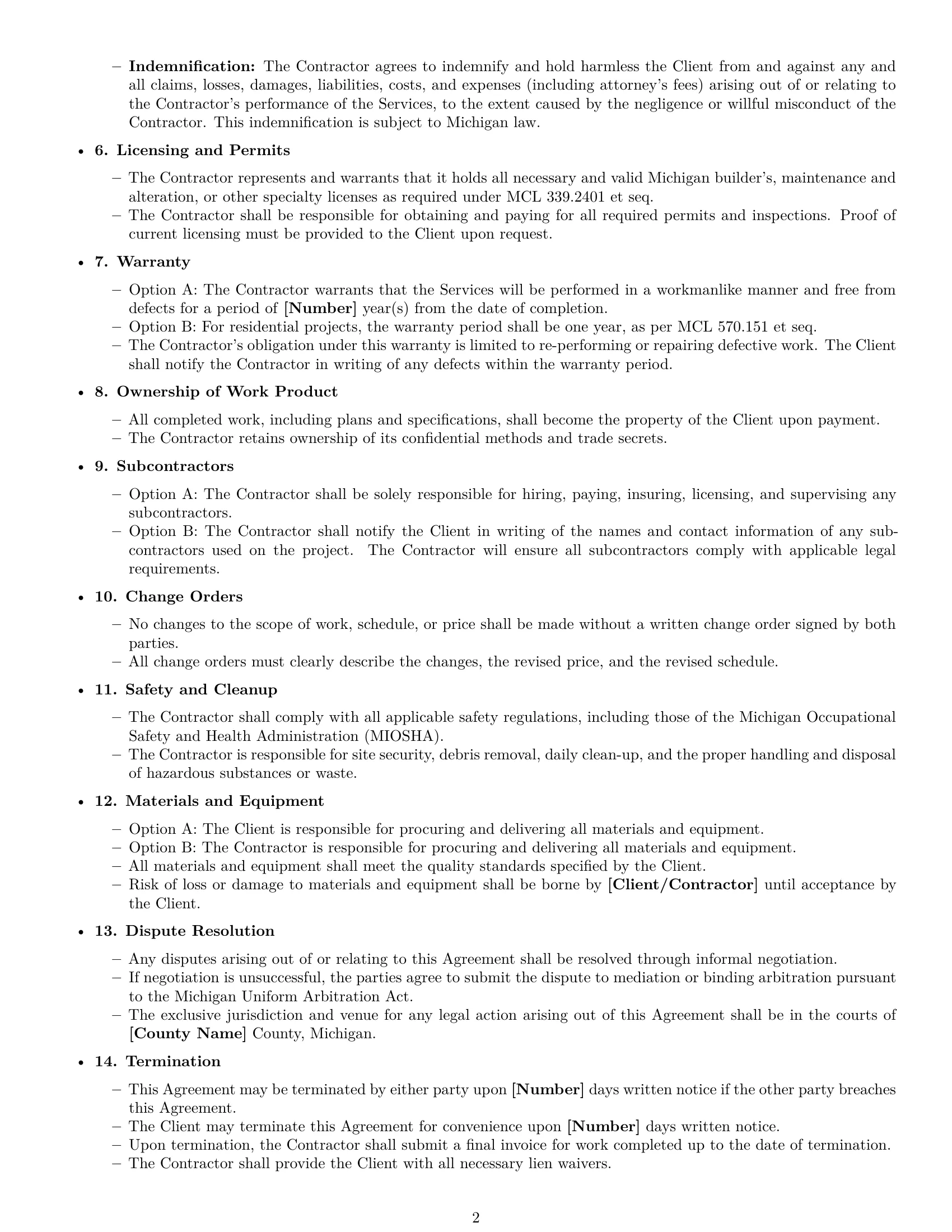 Preview page 2 of Free Michigan construction independent contractor agreement template