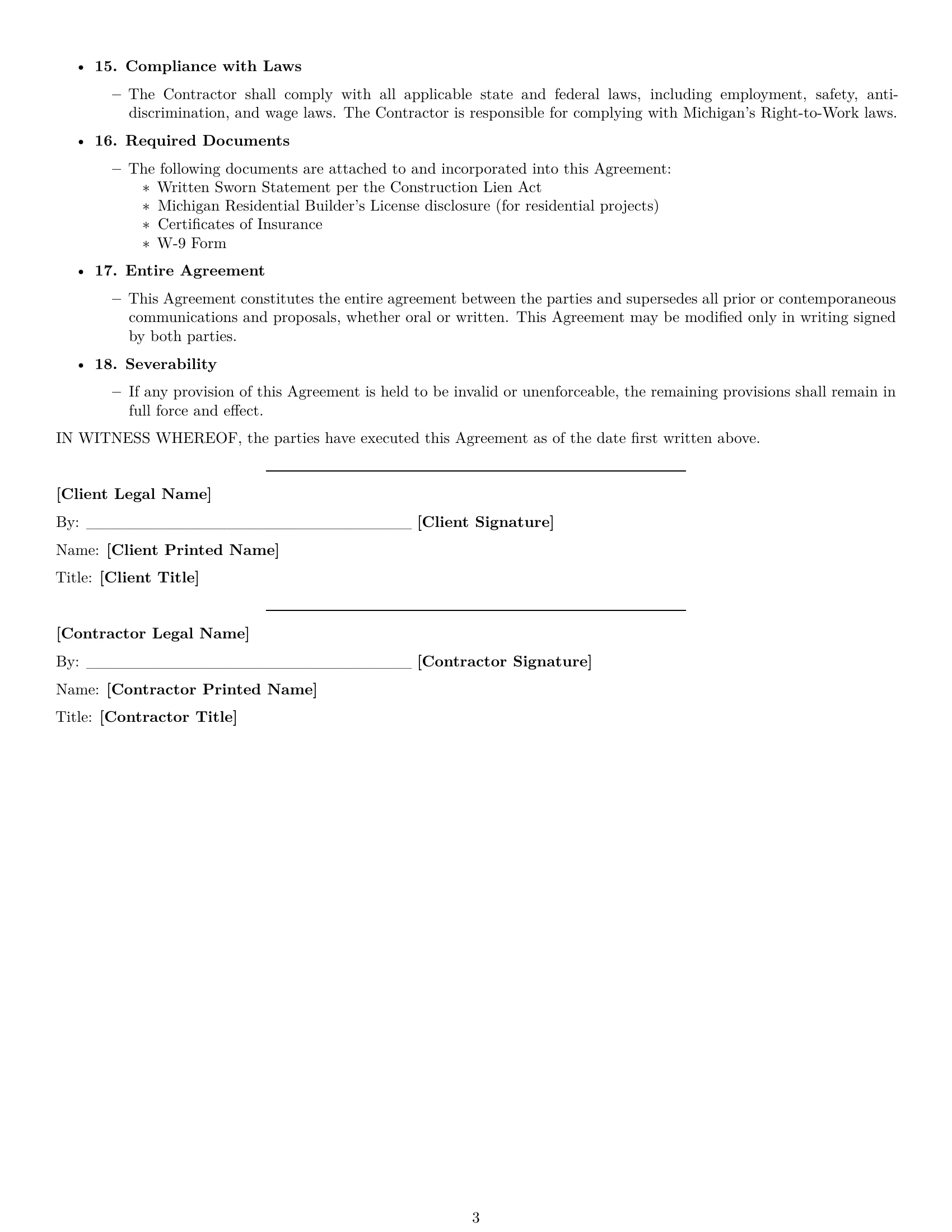 Preview page 3 of Free Michigan construction independent contractor agreement template