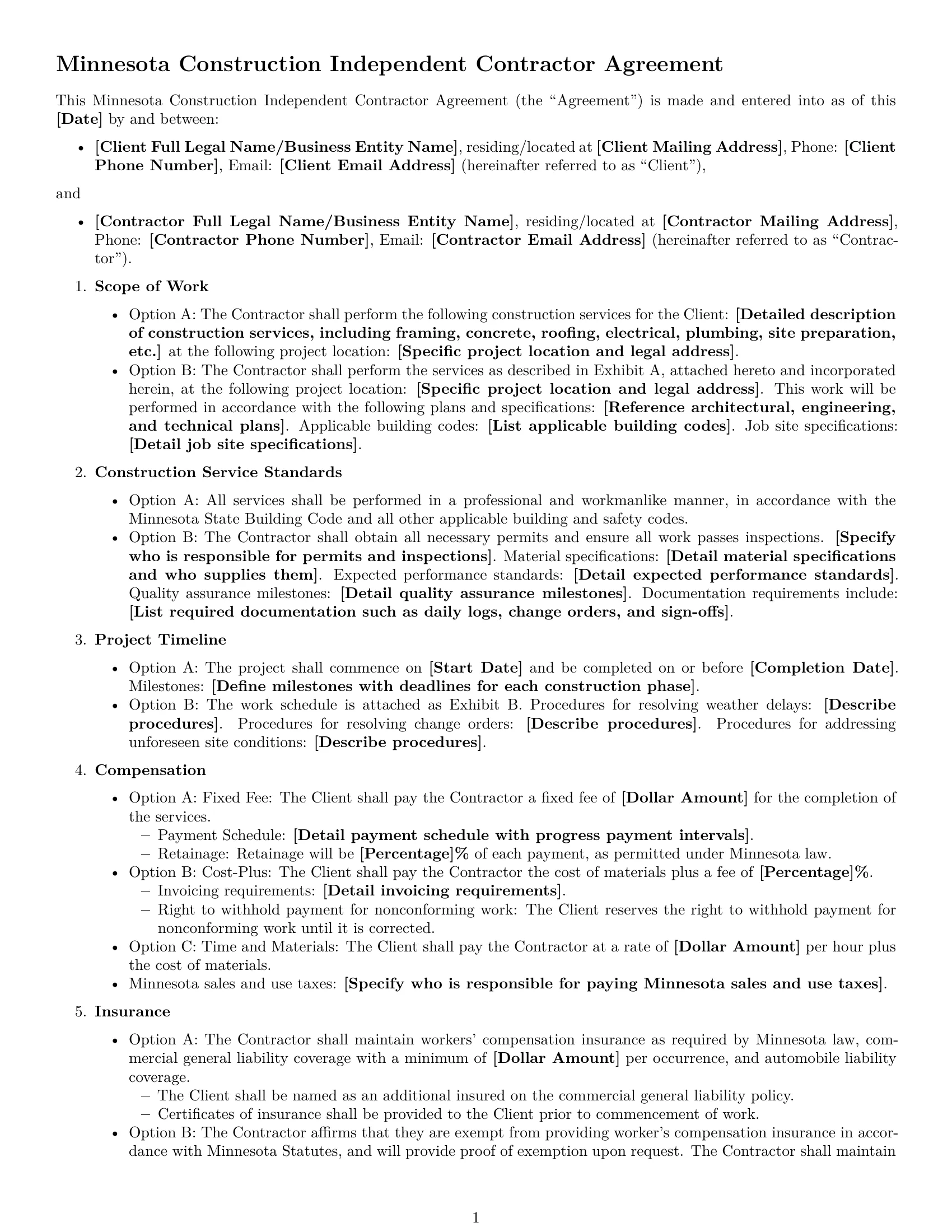 Preview page 1 of Free Minnesota construction independent contractor agreement template