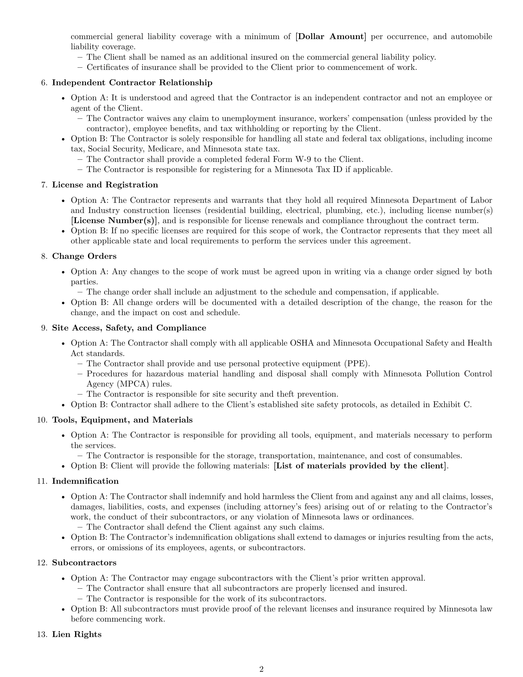 Preview page 2 of Free Minnesota construction independent contractor agreement template