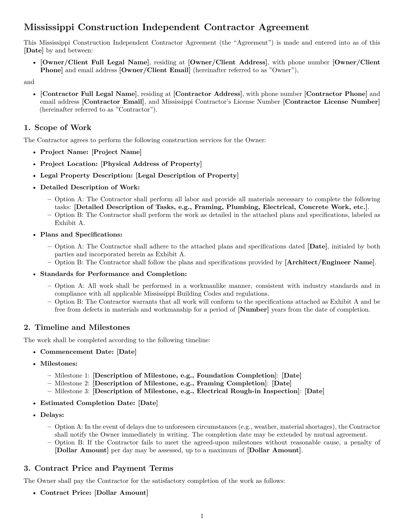 Preview page 1 of Free Mississippi construction independent contractor agreement template