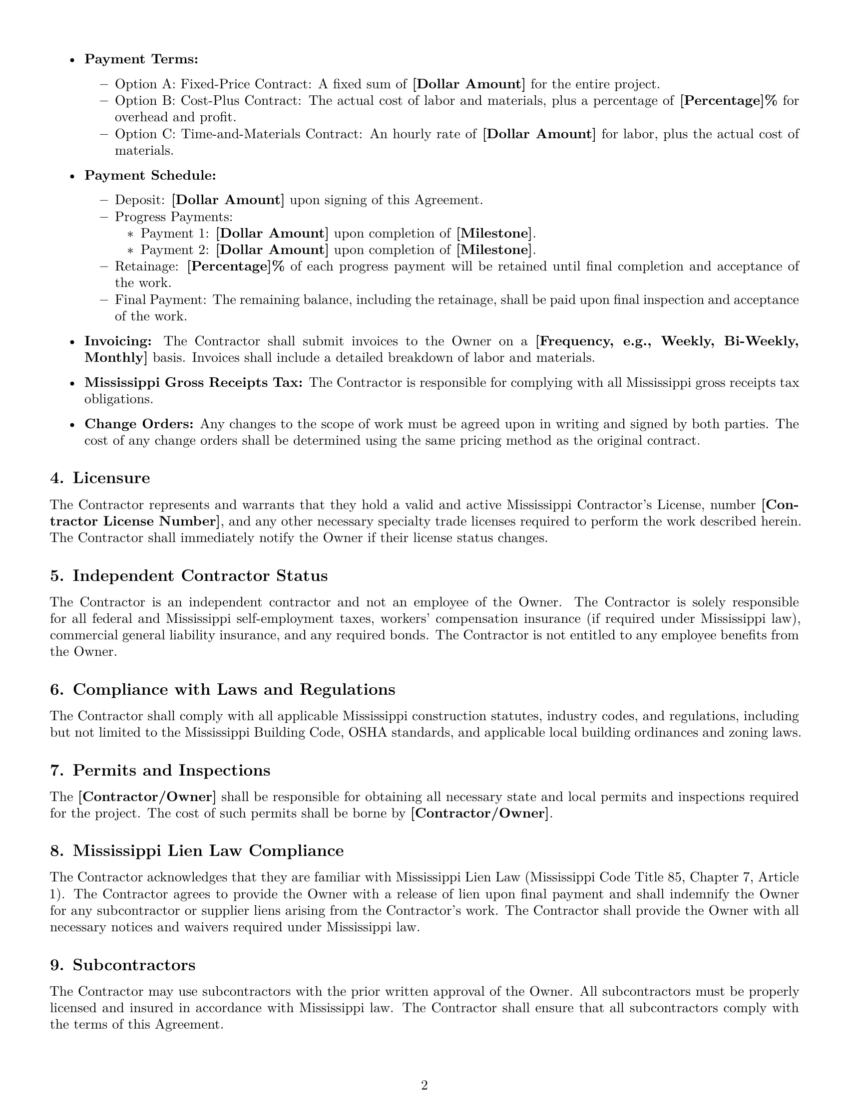 Preview page 2 of Free Mississippi construction independent contractor agreement template