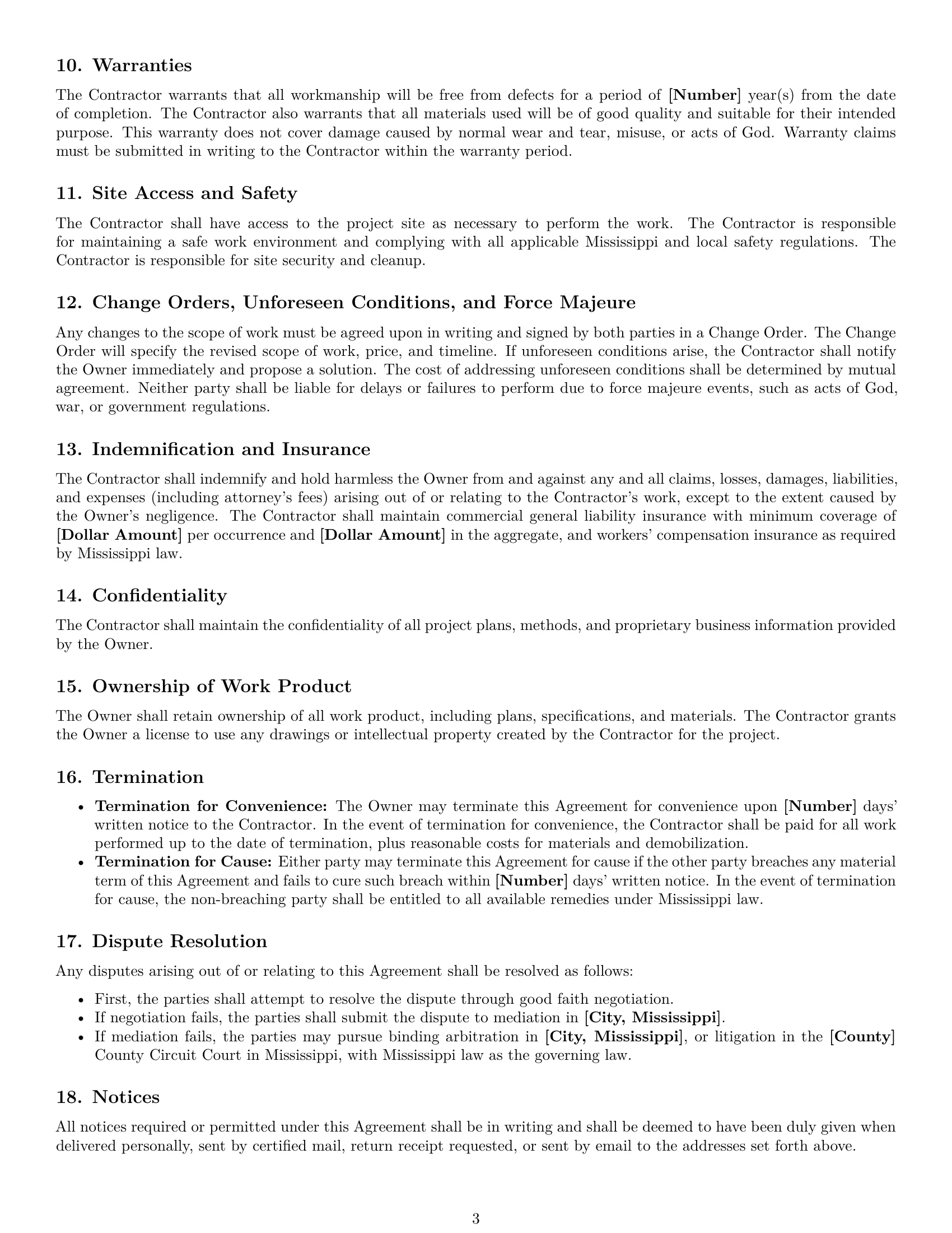 Preview page 3 of Free Mississippi construction independent contractor agreement template