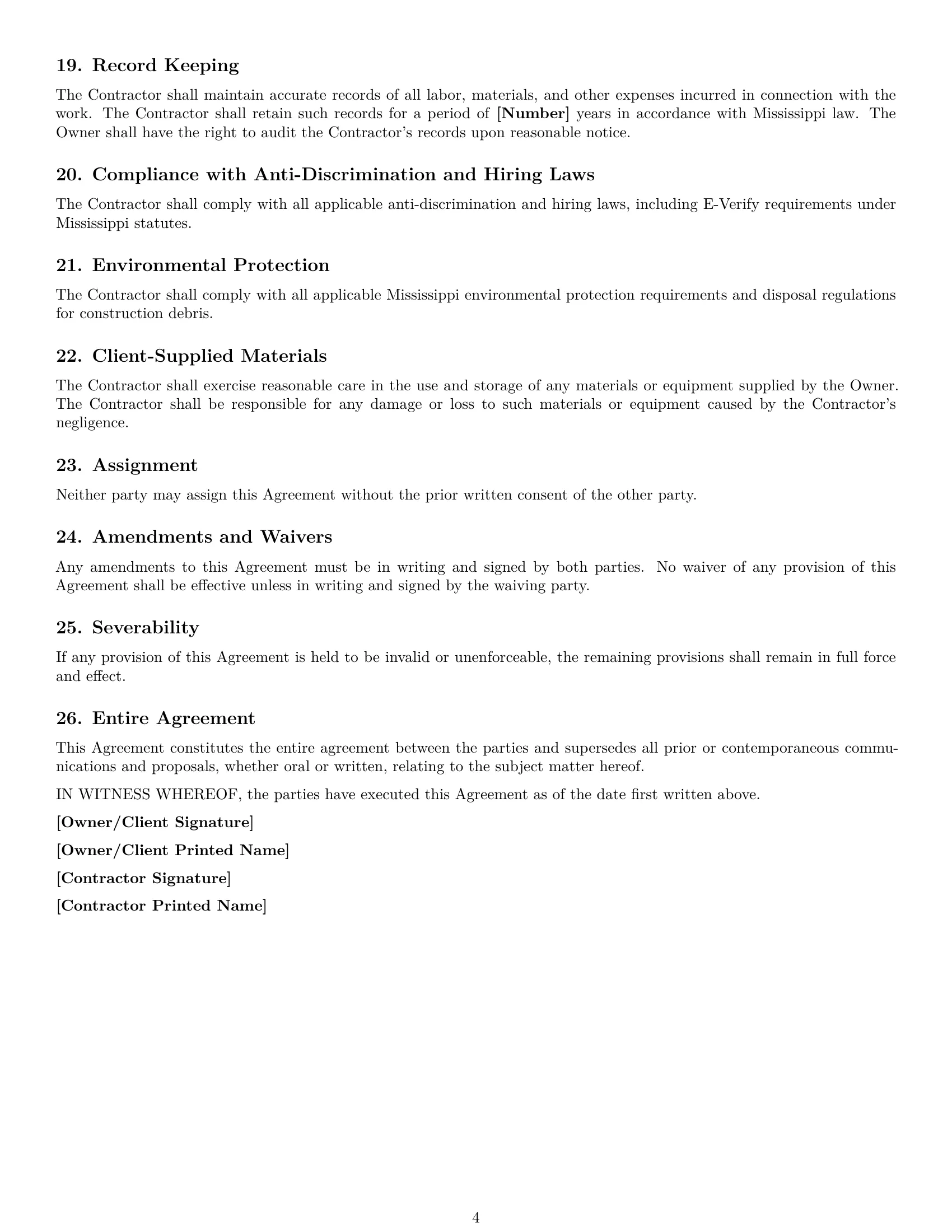 Preview page 4 of Free Mississippi construction independent contractor agreement template
