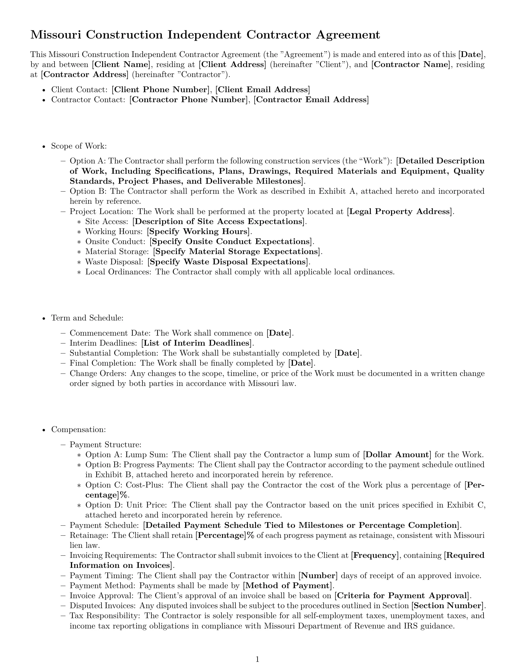 Preview page 1 of Free Missouri construction independent contractor agreement template