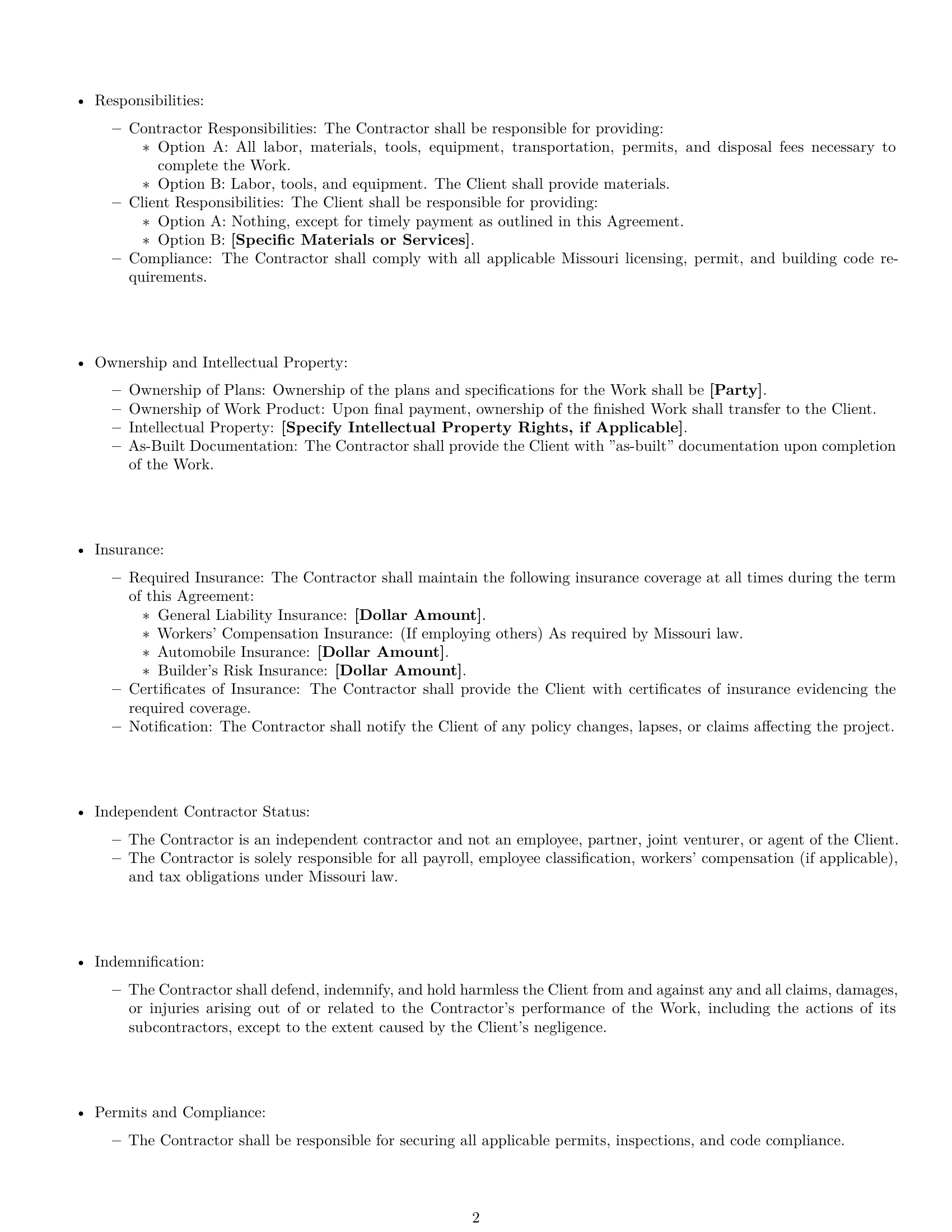 Preview page 2 of Free Missouri construction independent contractor agreement template