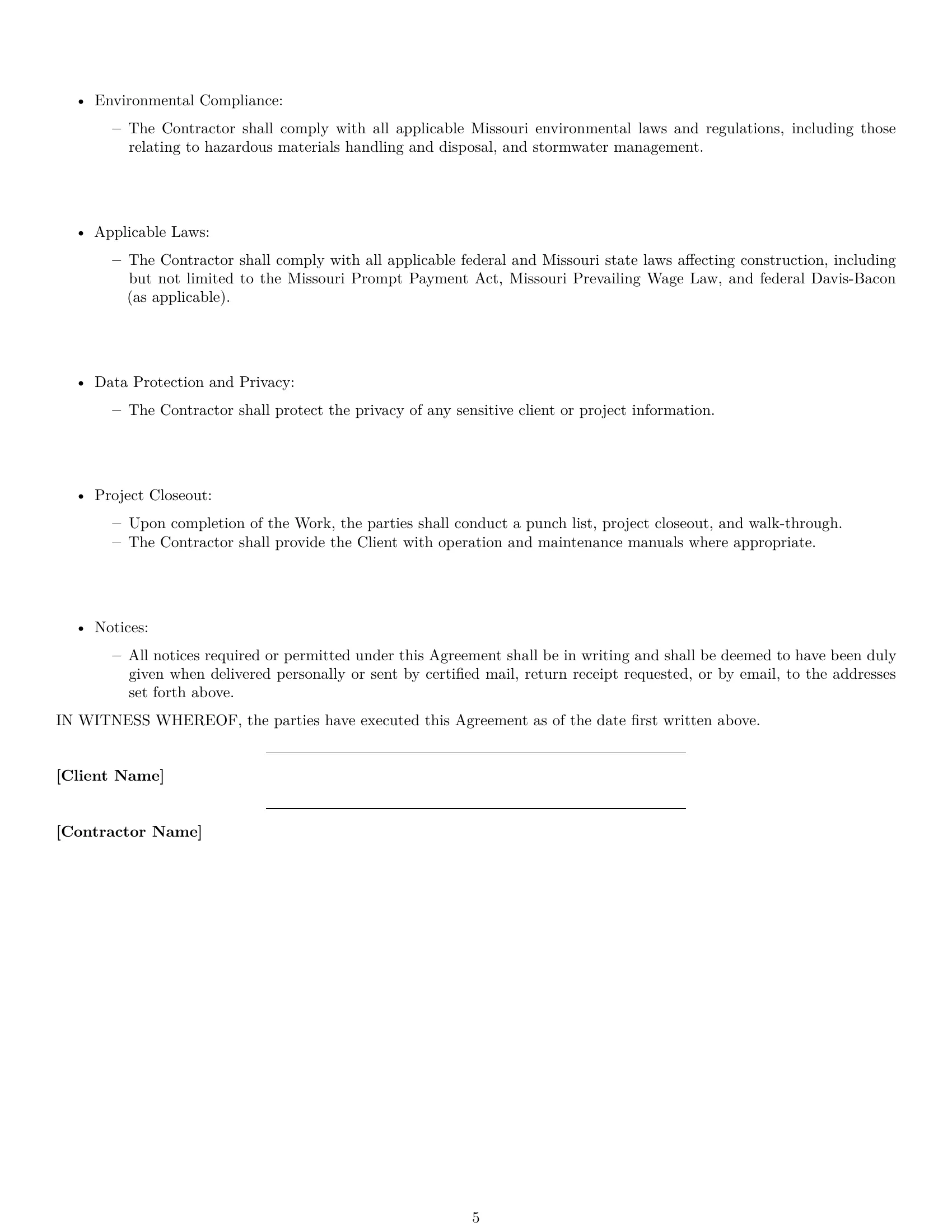 Preview page 5 of Free Missouri construction independent contractor agreement template