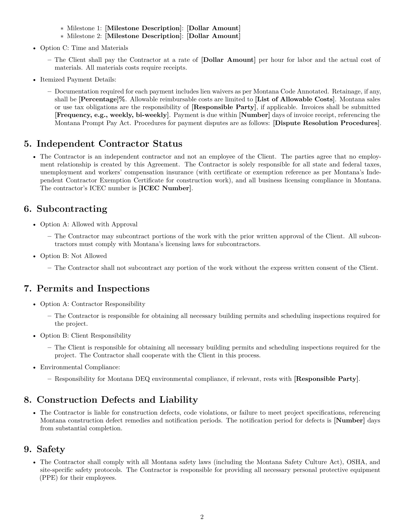 Preview page 2 of Free Montana construction independent contractor agreement template