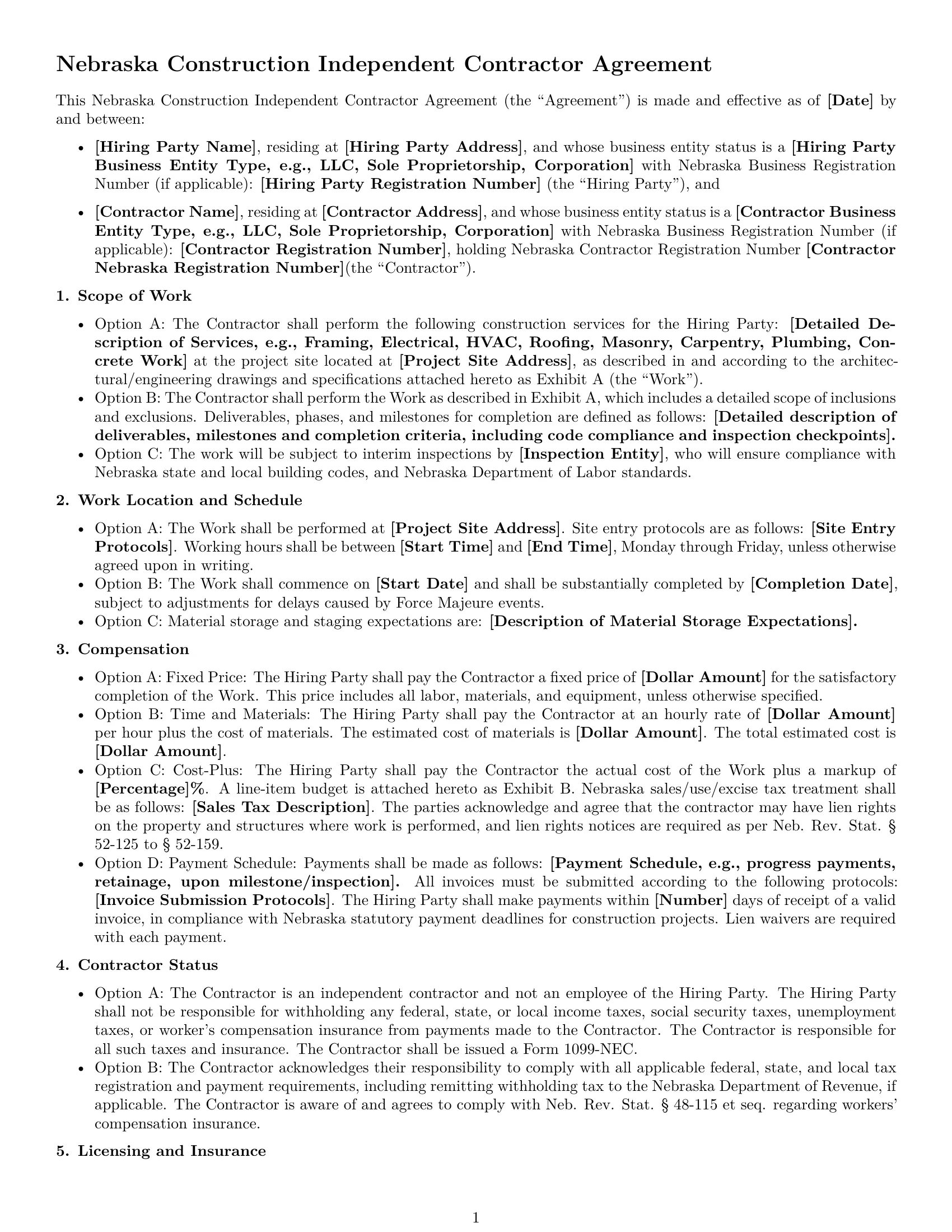 Preview page 1 of Free Nebraska construction independent contractor agreement template