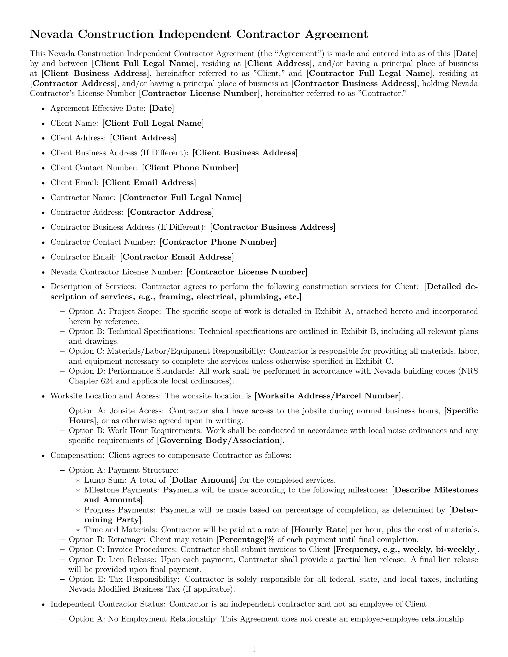 Preview page 1 of Free Nevada construction independent contractor agreement template