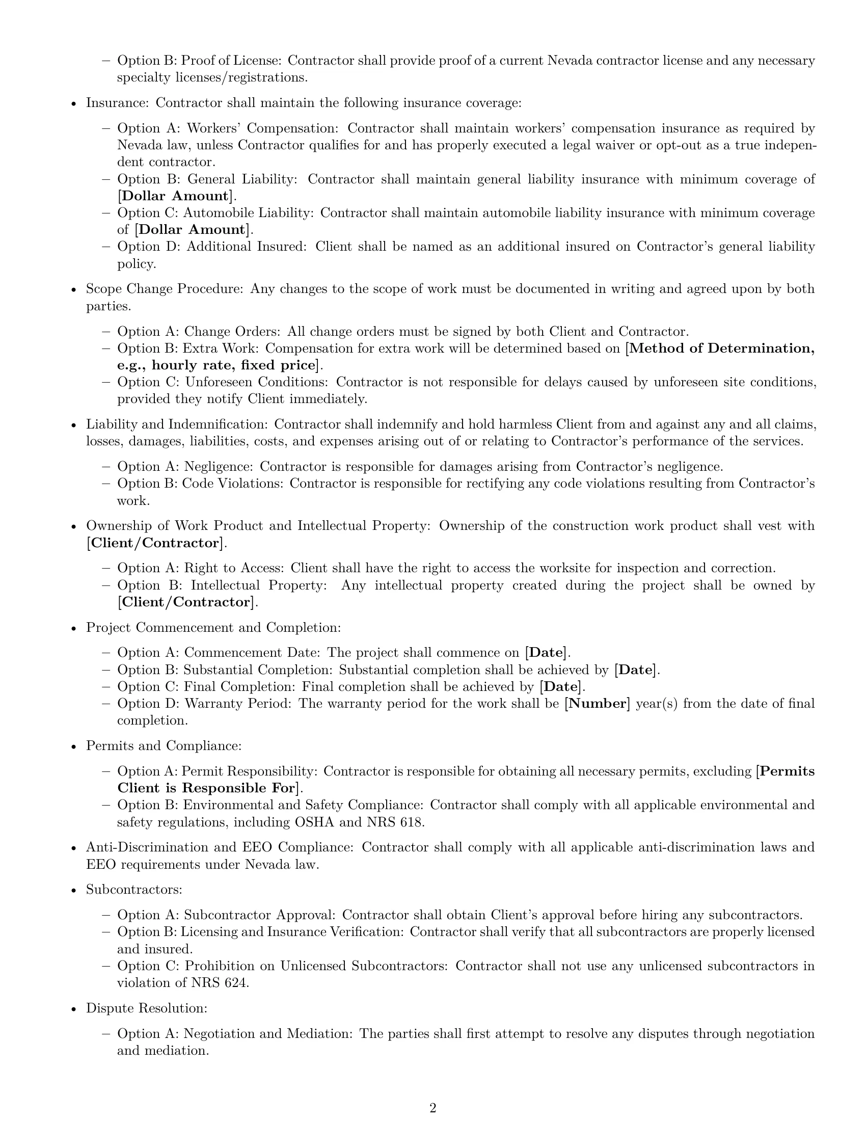 Preview page 2 of Free Nevada construction independent contractor agreement template