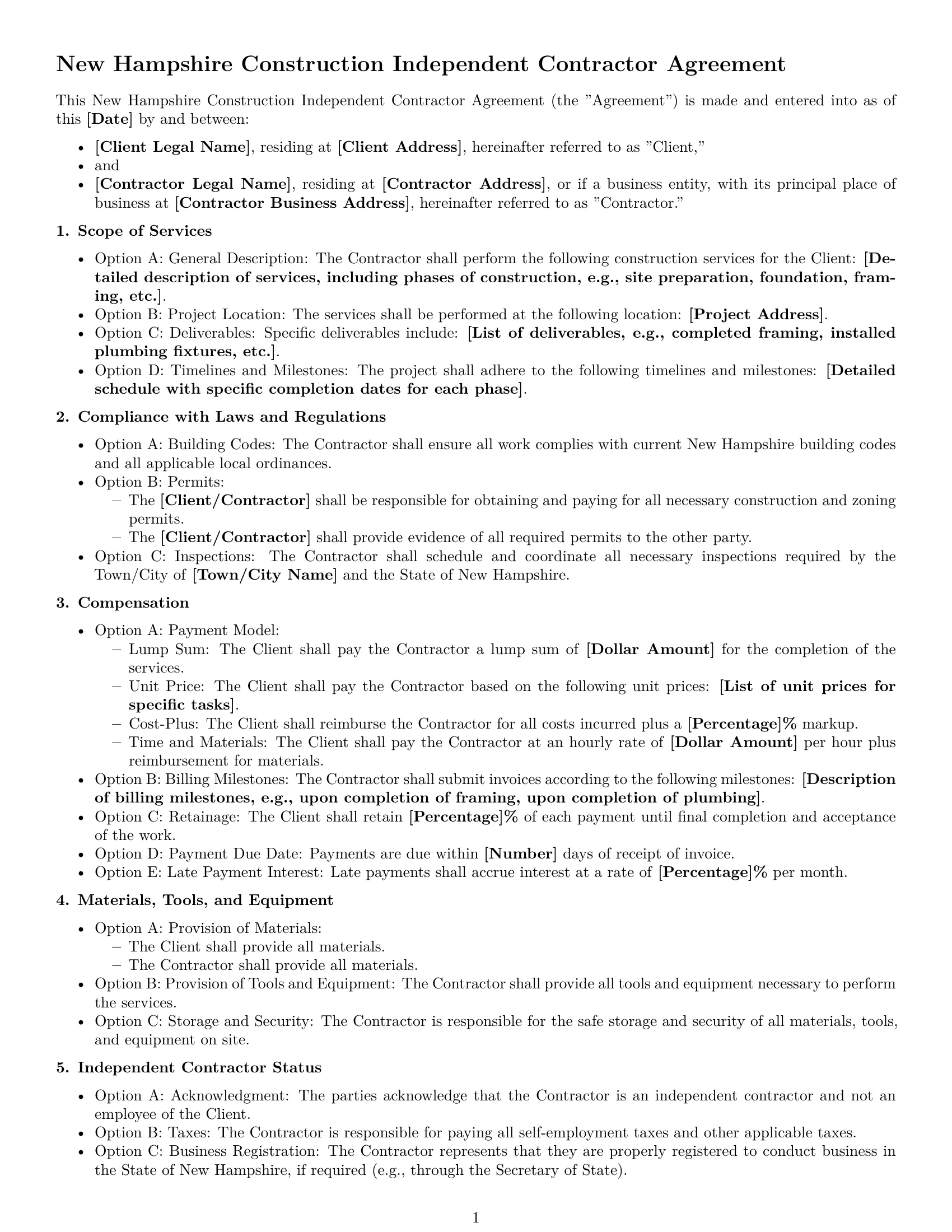 Preview page 1 of Free New Hampshire construction independent contractor agreement template