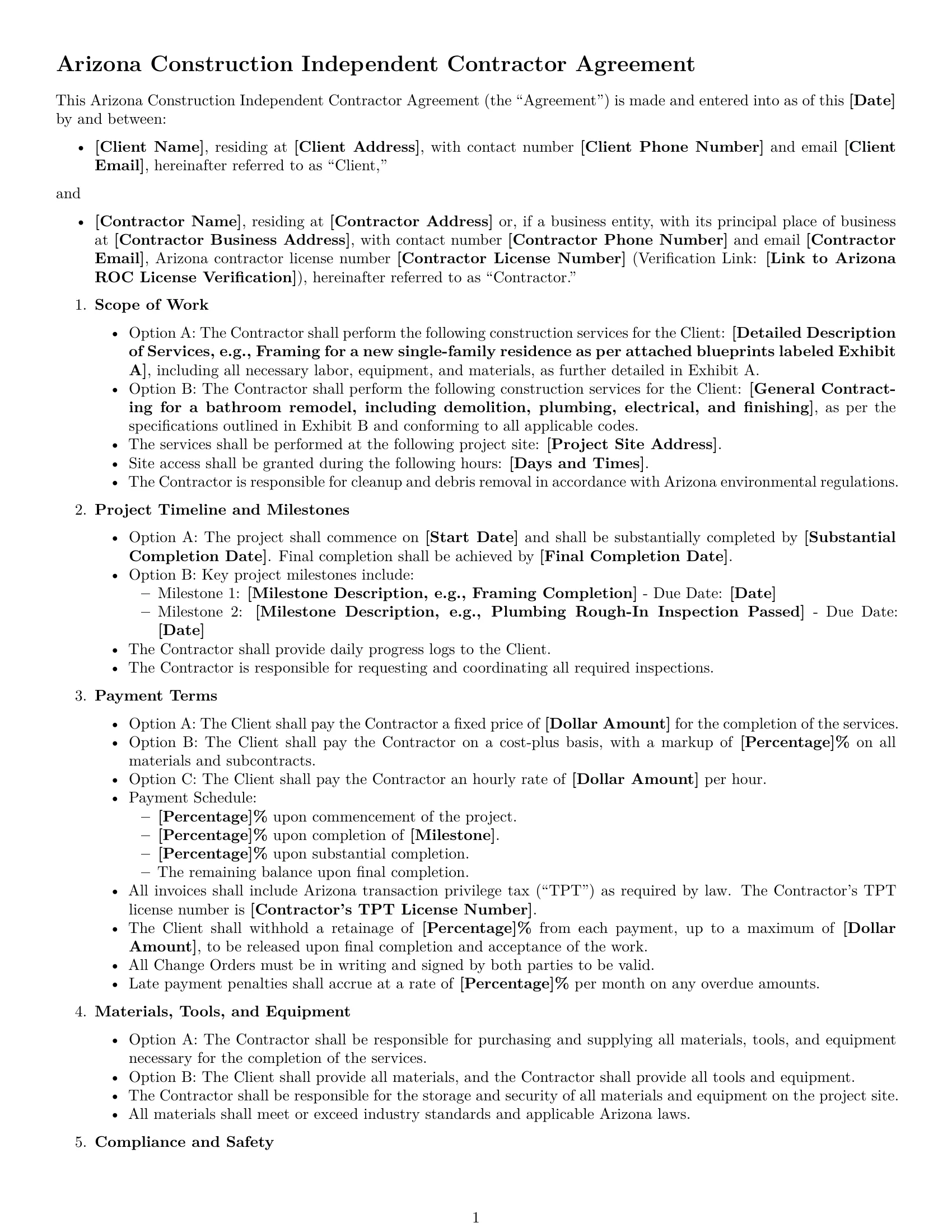 Preview page 1 of Free Arizona construction independent contractor agreement template