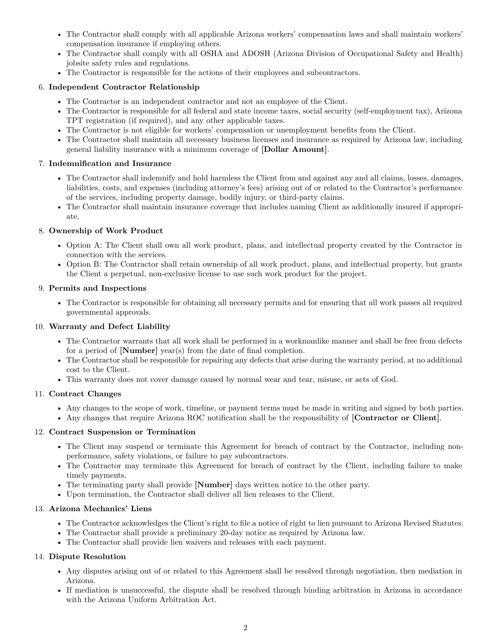 Preview page 2 of Free Arizona construction independent contractor agreement template