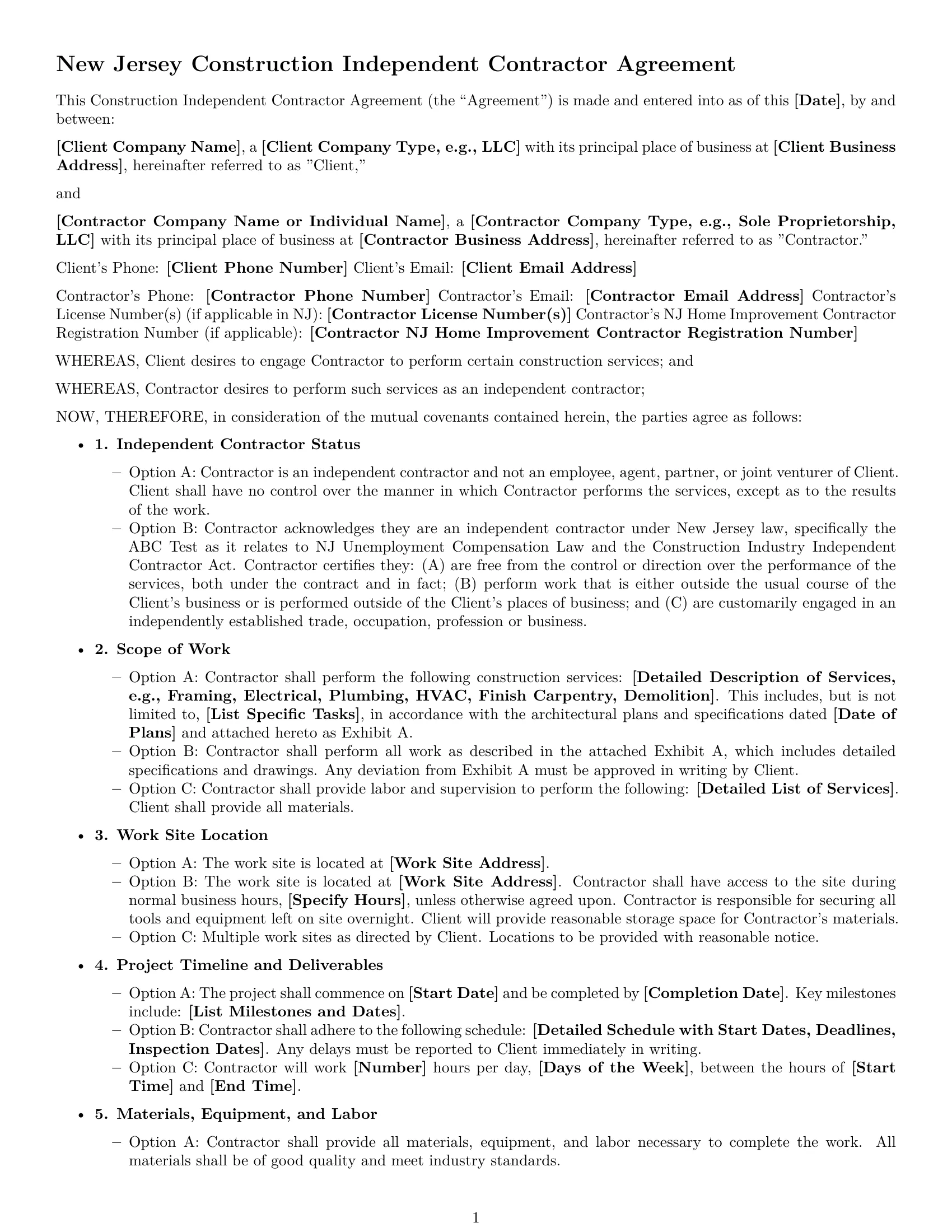 Preview page 1 of Free New Jersey construction independent contractor agreement template