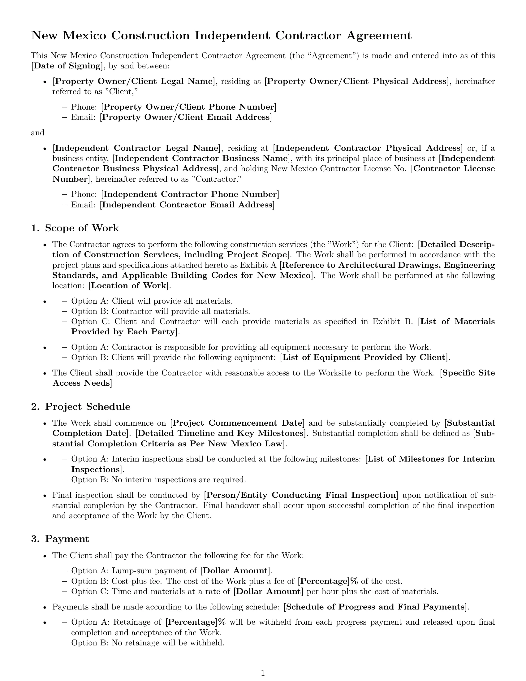 Preview page 1 of Free New Mexico construction independent contractor agreement template