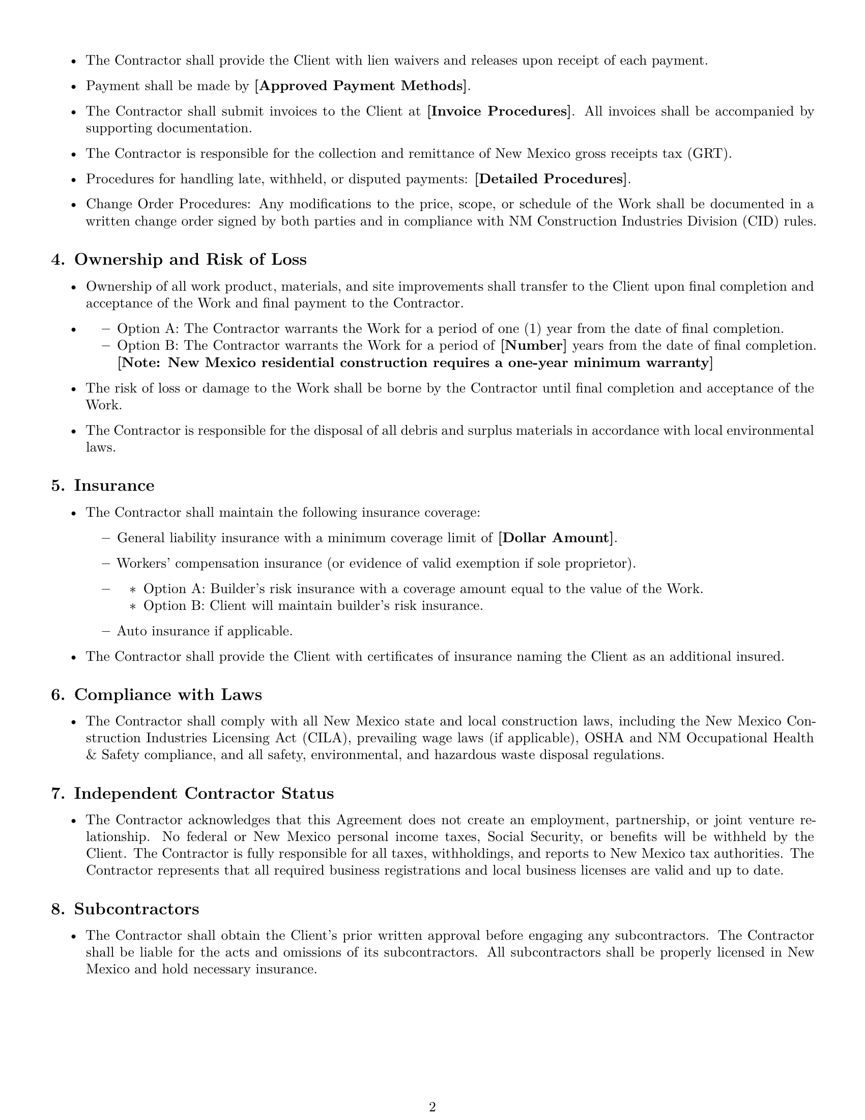 Preview page 2 of Free New Mexico construction independent contractor agreement template