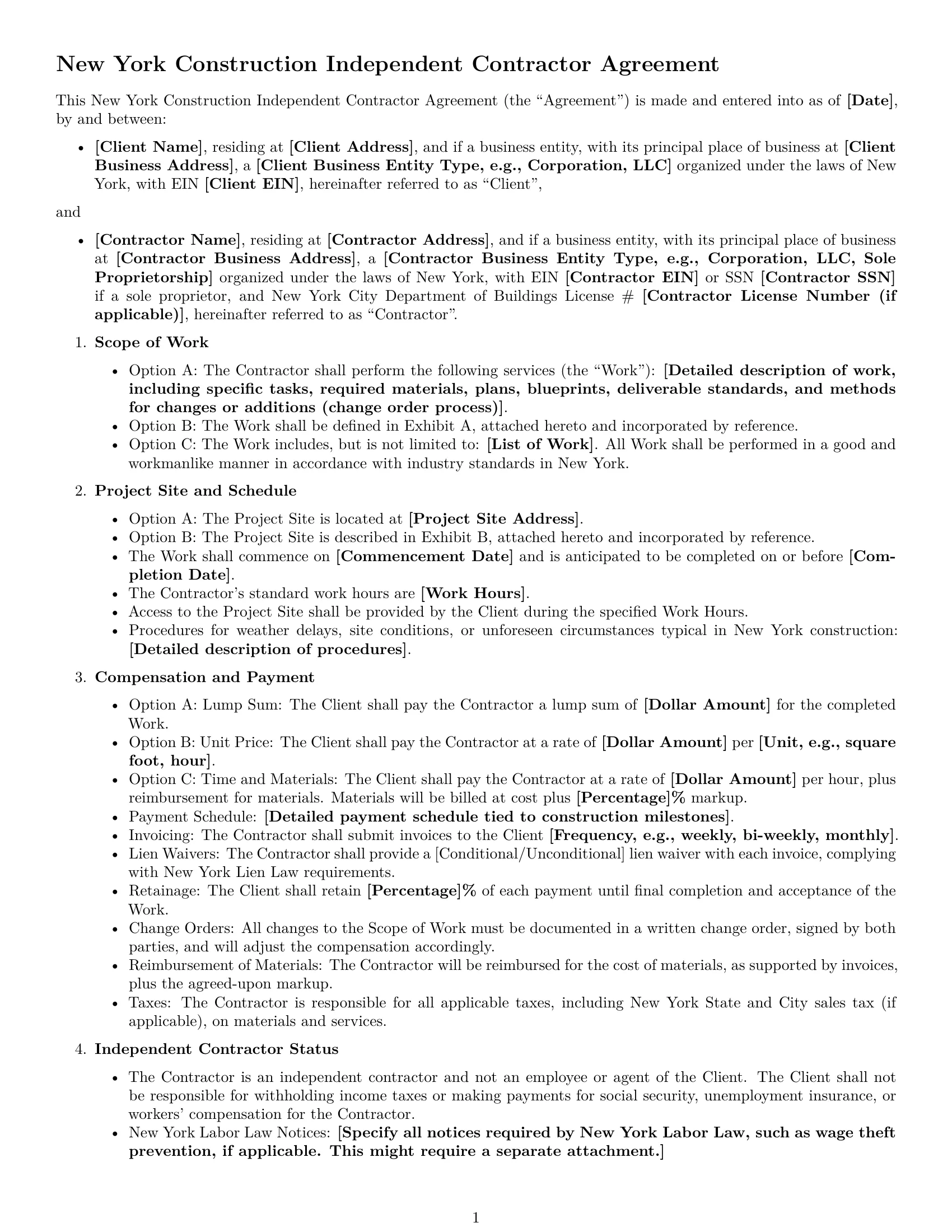 Preview page 1 of Free New York construction independent contractor agreement template