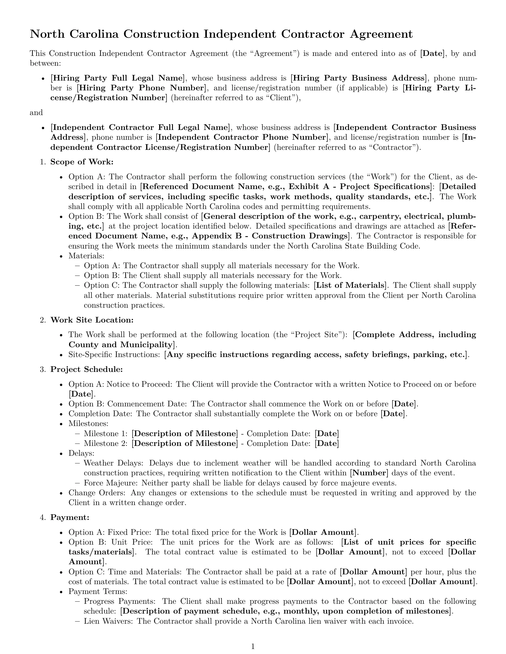 Preview page 1 of Free North Carolina construction independent contractor agreement template