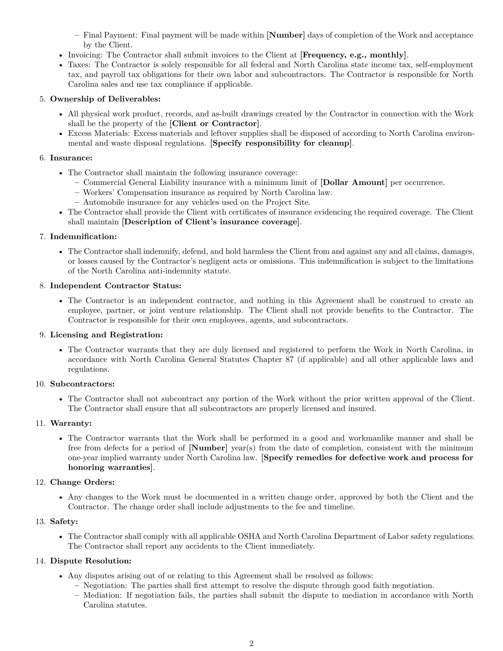Preview page 2 of Free North Carolina construction independent contractor agreement template