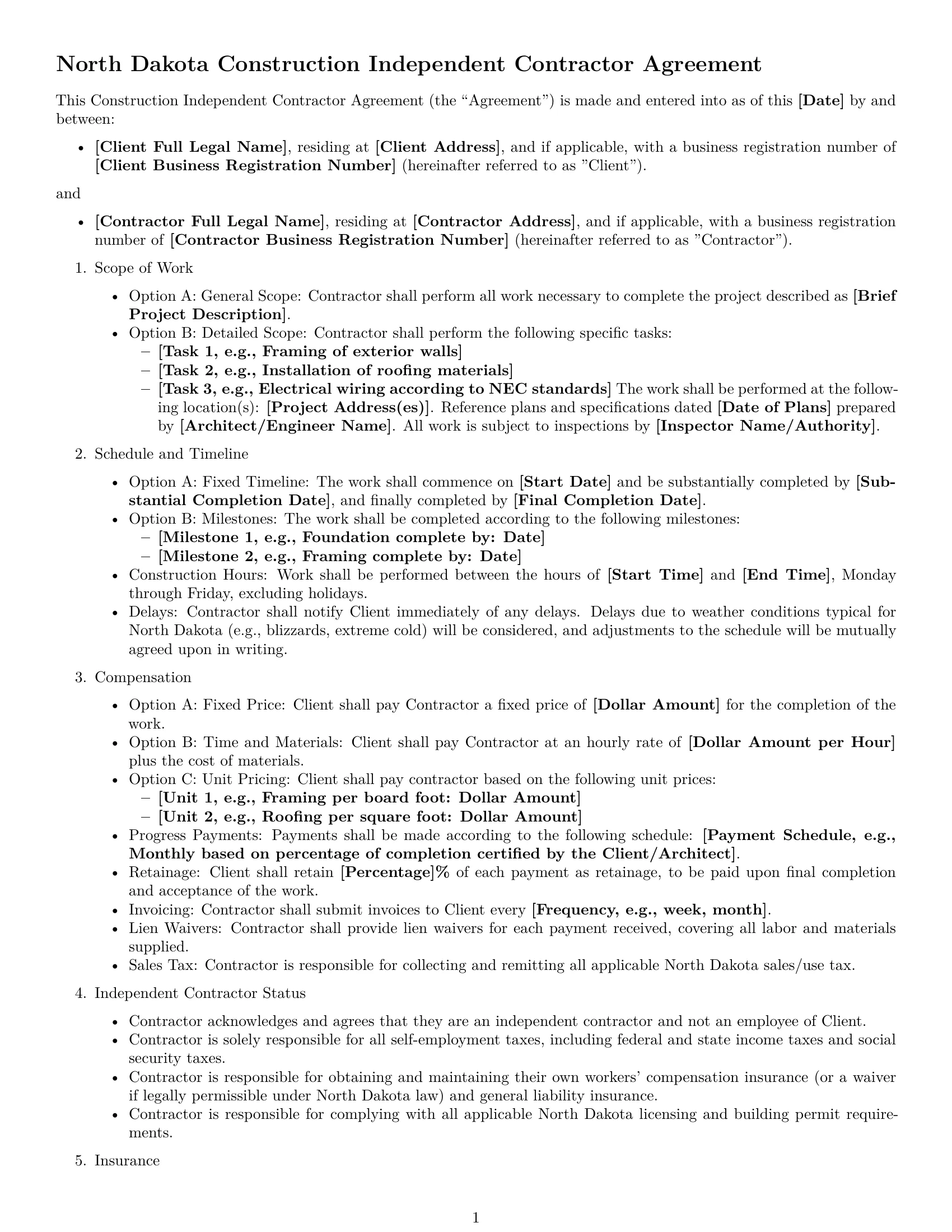 Preview page 1 of Free North Dakota construction independent contractor agreement template