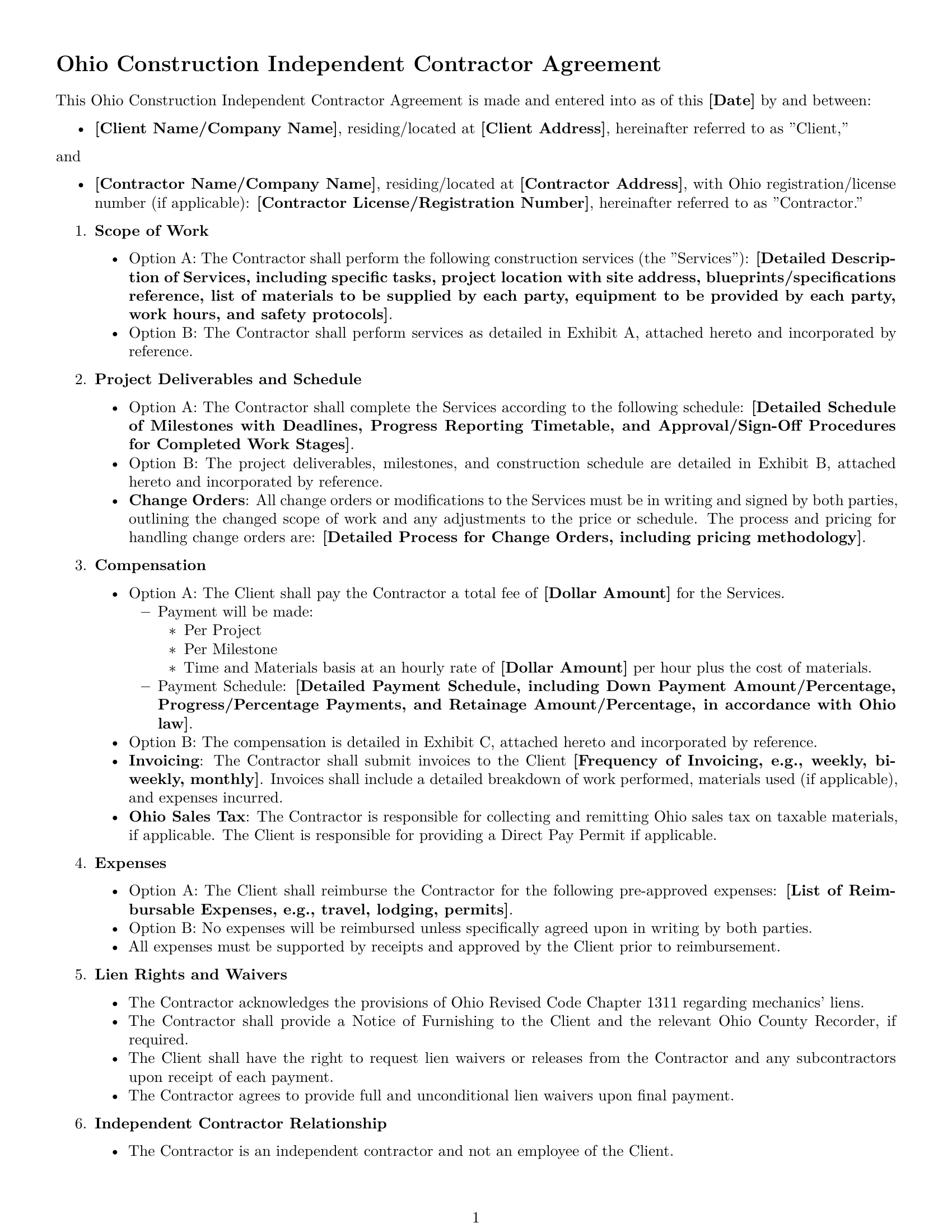 Preview page 1 of Free Ohio construction independent contractor agreement template