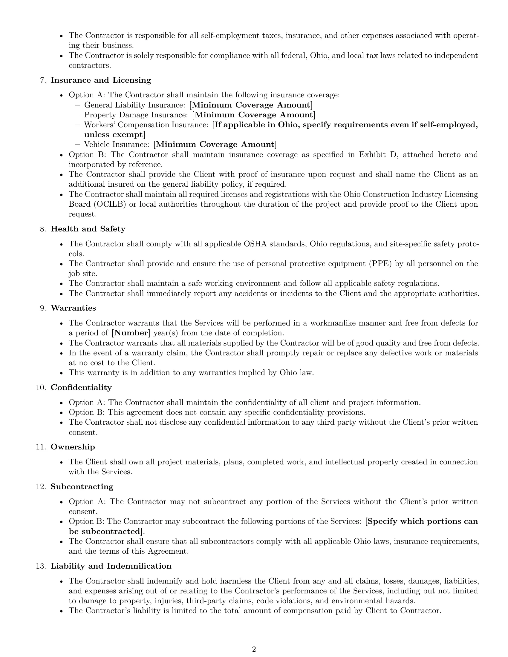 Preview page 2 of Free Ohio construction independent contractor agreement template