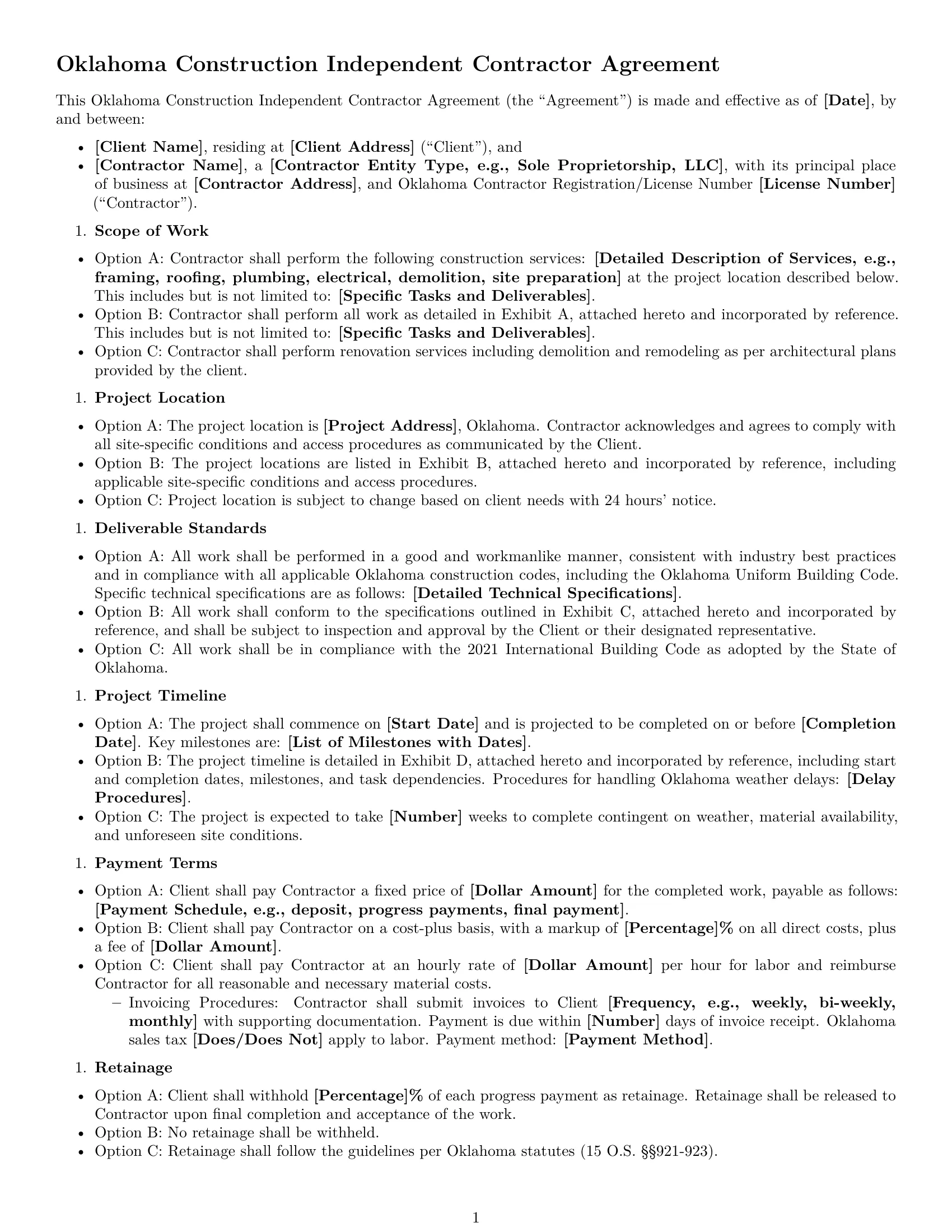 Preview page 1 of Free Oklahoma construction independent contractor agreement template
