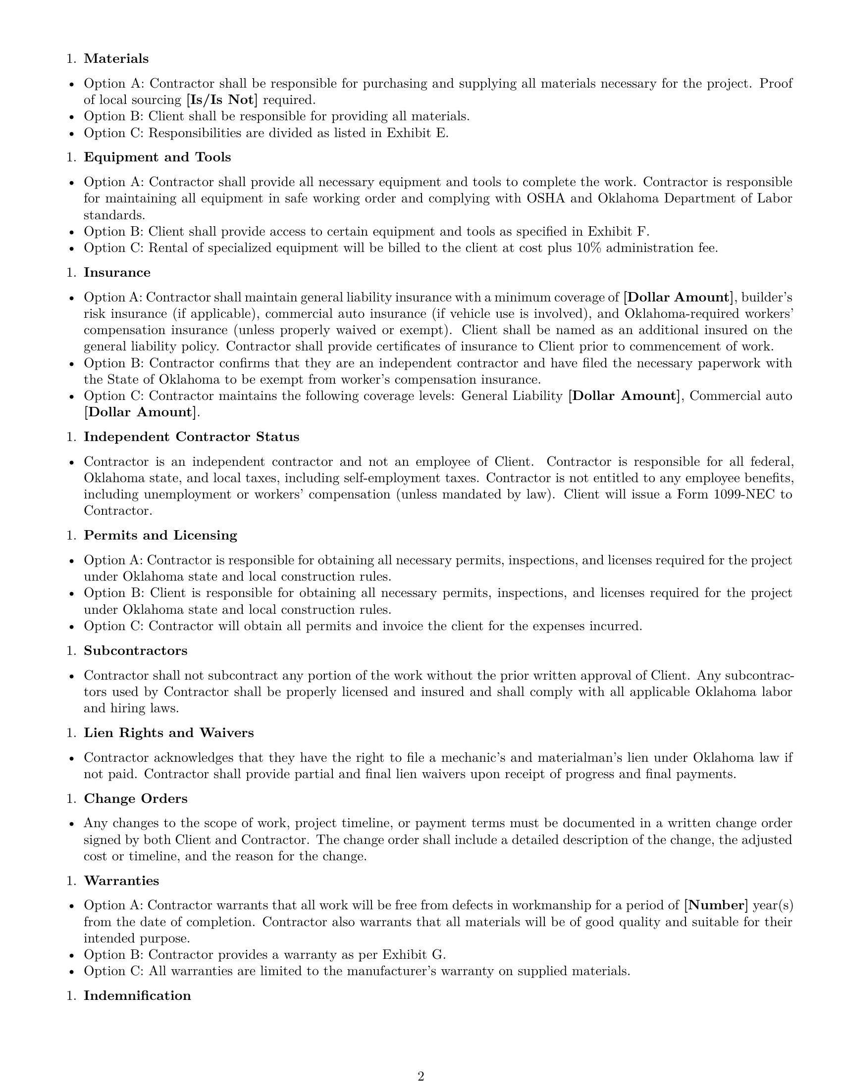 Preview page 2 of Free Oklahoma construction independent contractor agreement template
