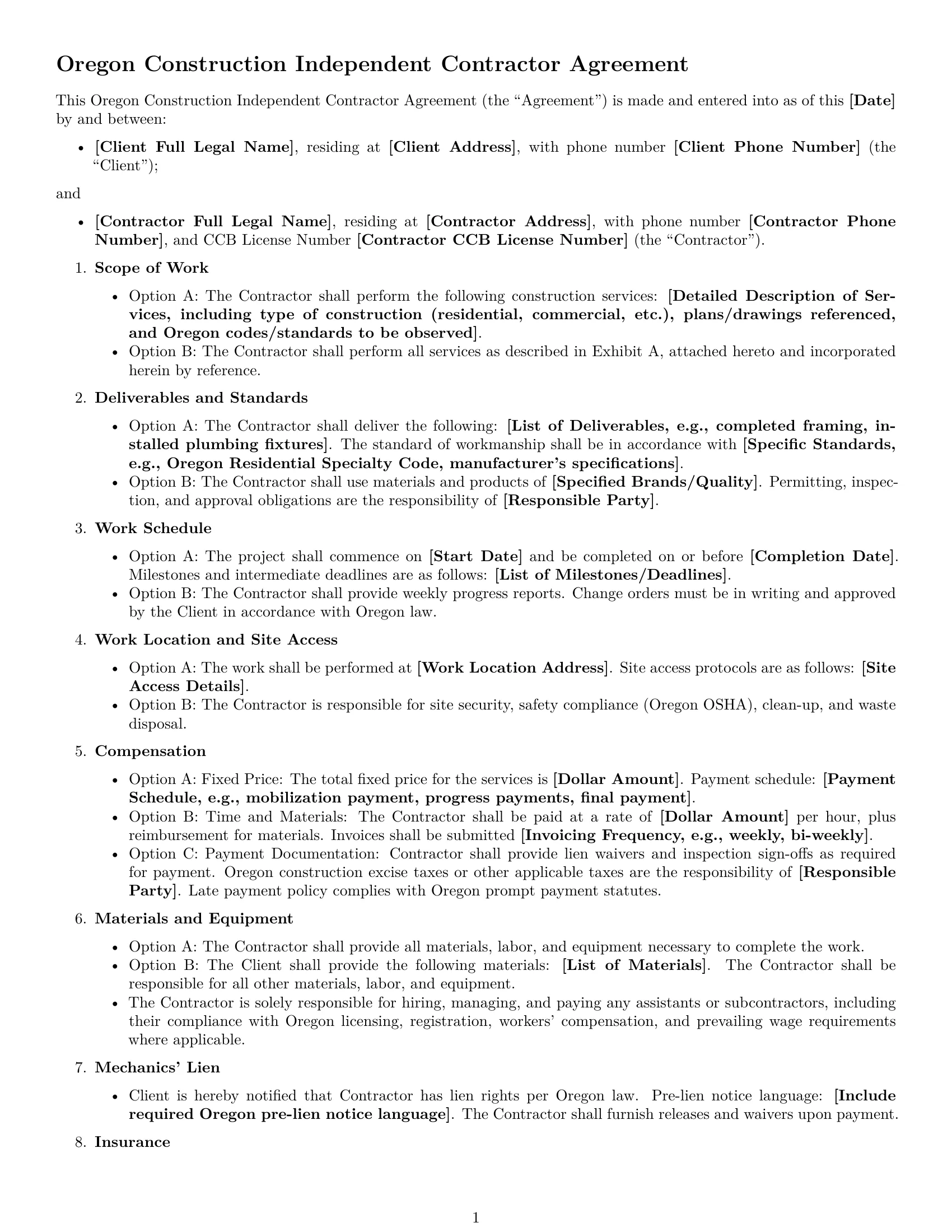 Preview page 1 of Free Oregon construction independent contractor agreement template