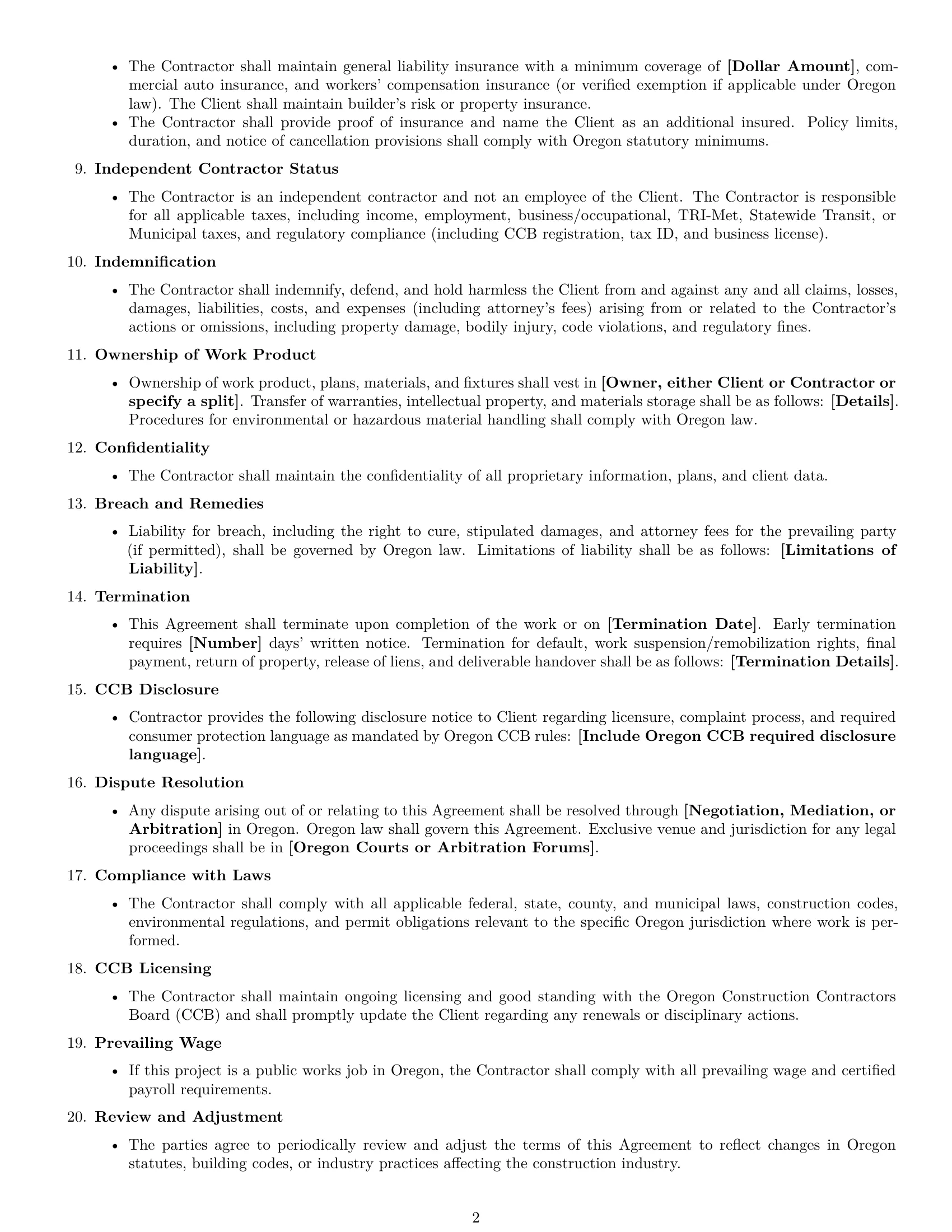 Preview page 2 of Free Oregon construction independent contractor agreement template