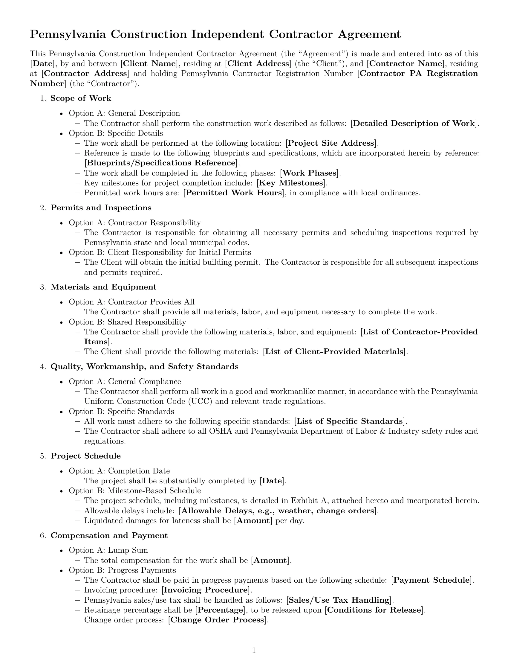 Preview page 1 of Free Pennsylvania construction independent contractor agreement template